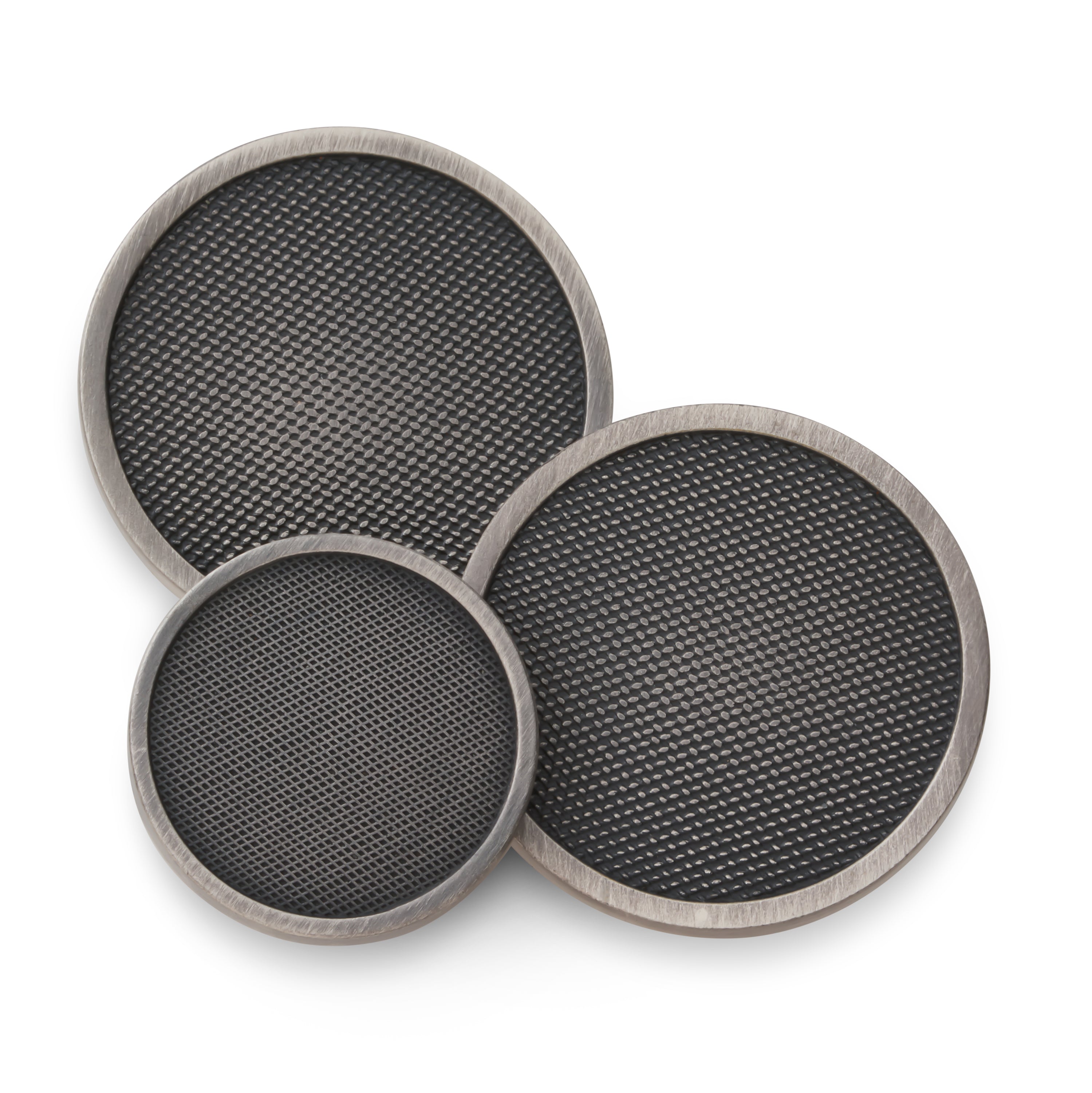 Luxury antique silver Diamond Weave blazer button set showing large and small sizes with textured geometric design.