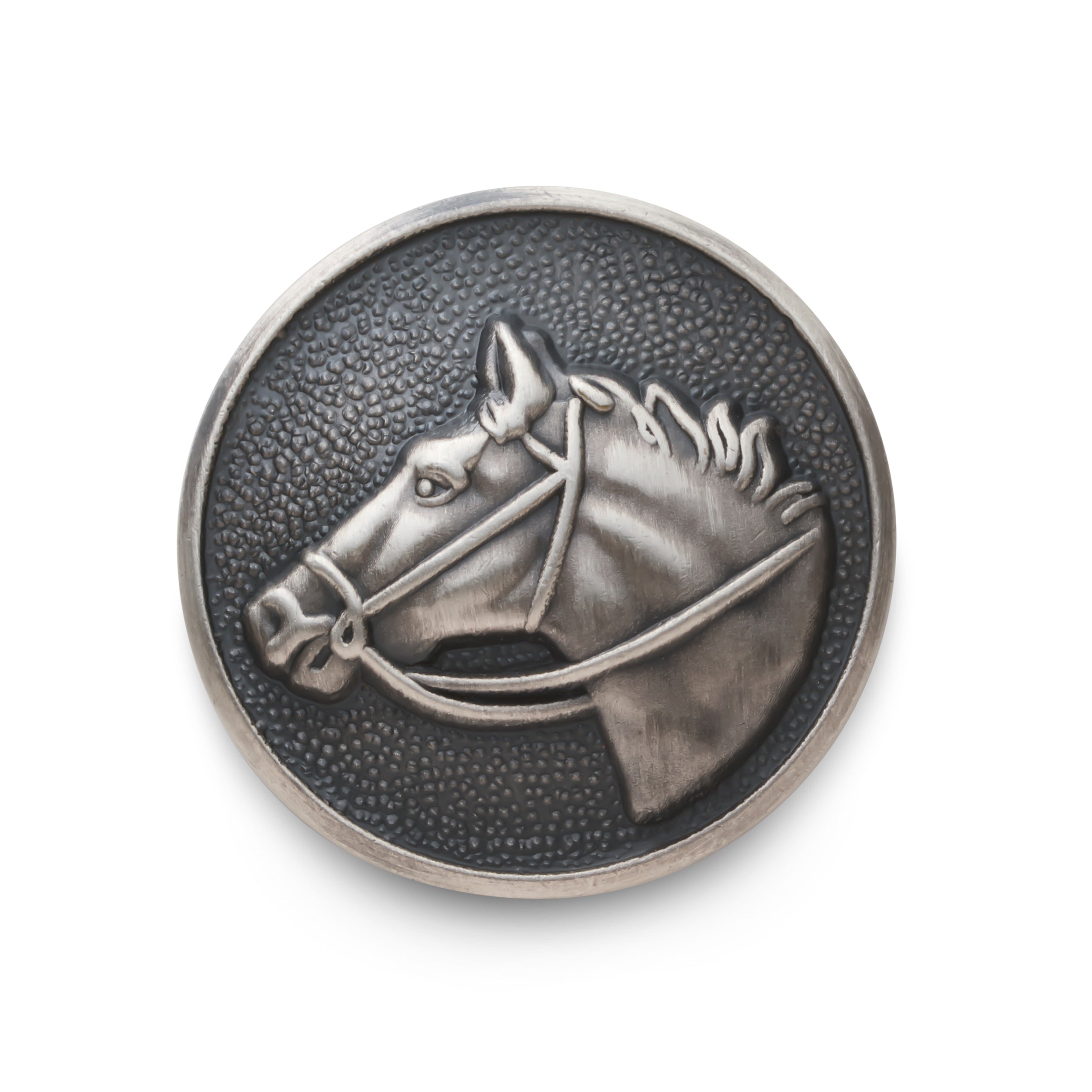 Luxury silver blazer button set featuring a detailed horse head design in large and small sizes.
