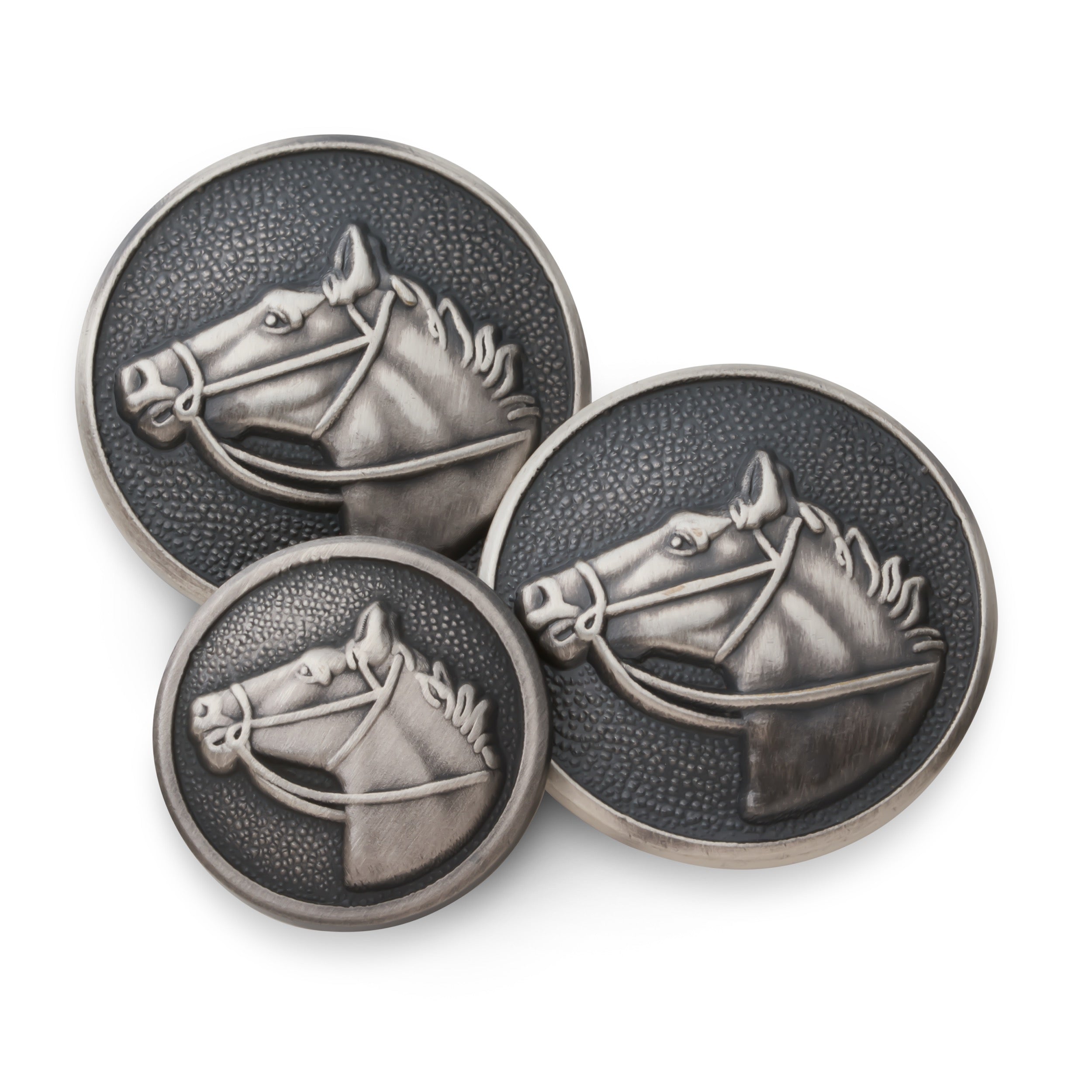 Luxury silver blazer button set featuring a detailed horse head design in large and small sizes.