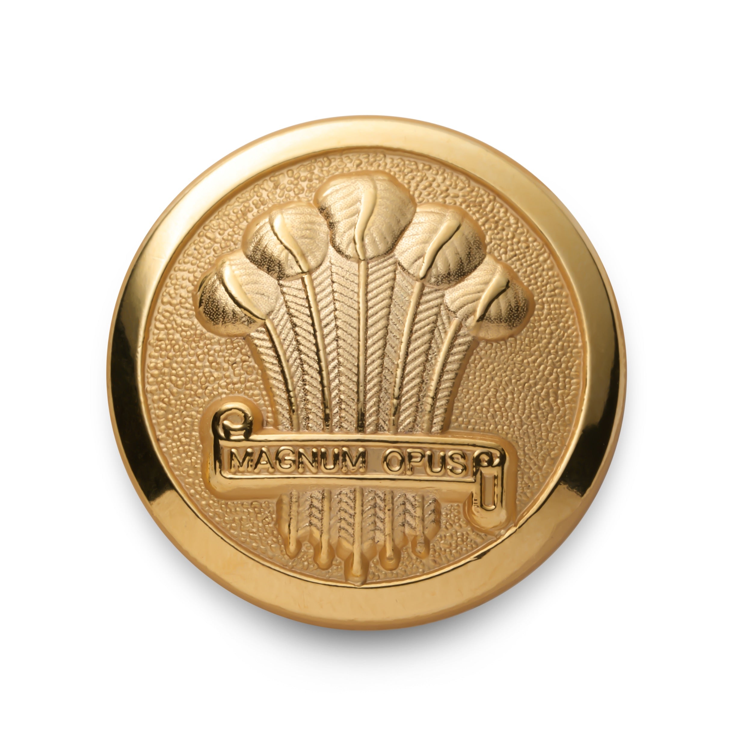 Gold blazer button with Heraldic Plume design and engraved ‘Magnum Opus’ scroll.