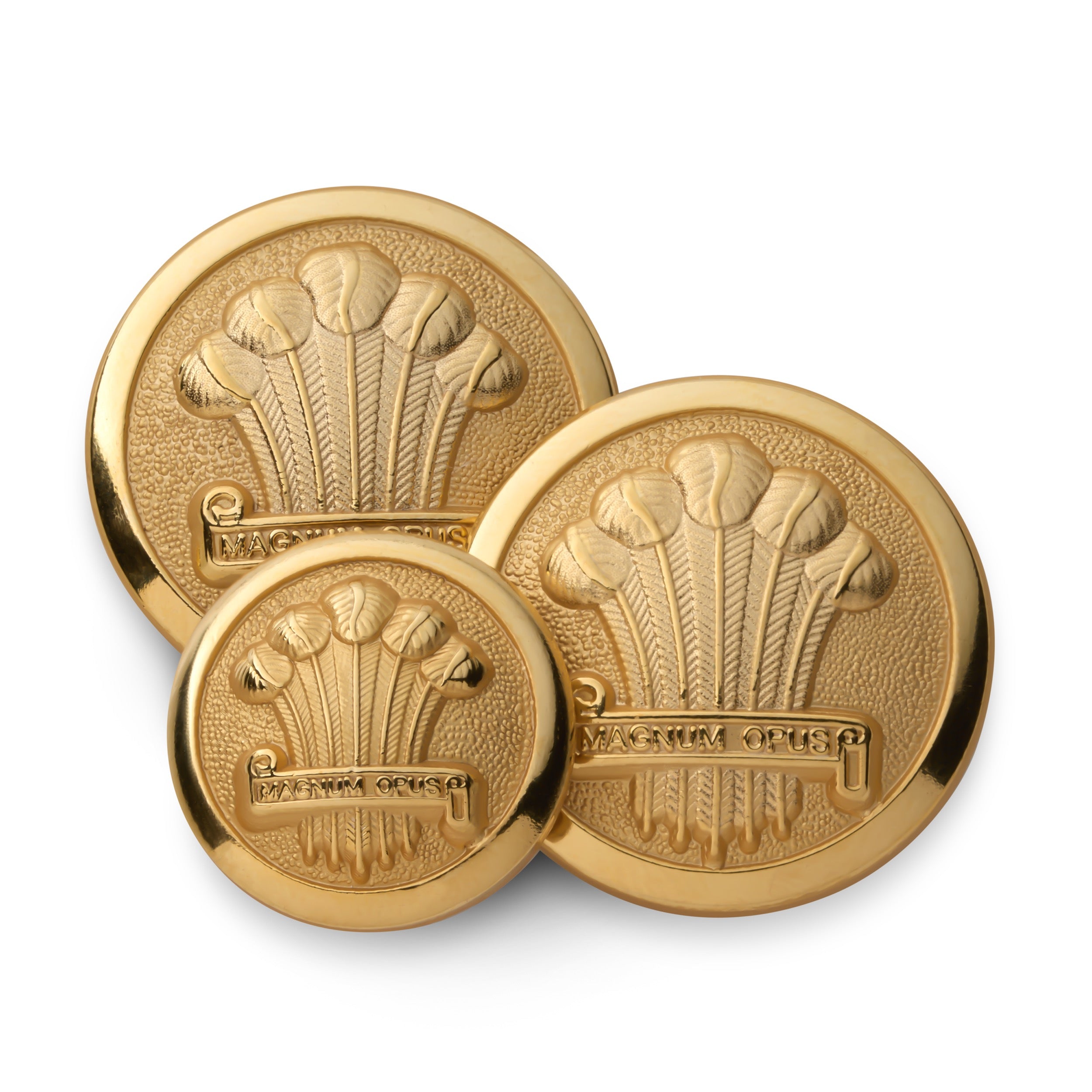 Gold blazer button set featuring Heraldic Plume design in large and small sizes with engraved ‘Magnum Opus’ scroll.