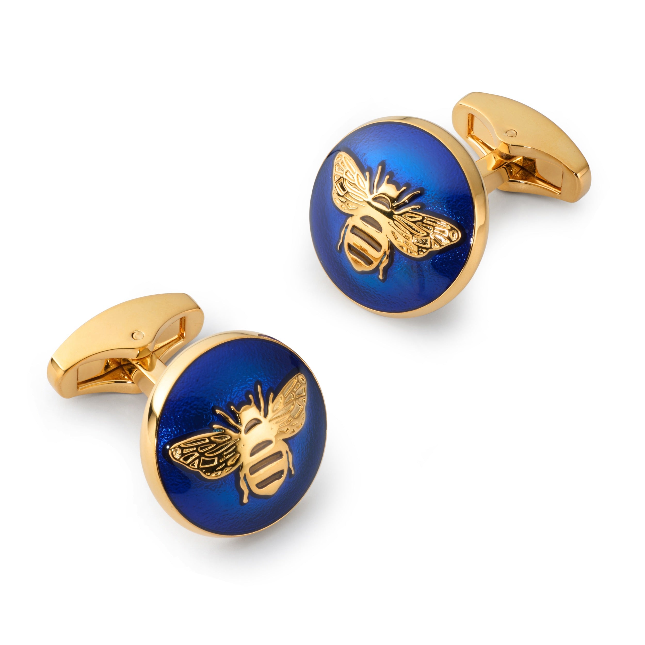 Bee cufflinks in blue enamel with polished gold bee motif by Benson & Clegg