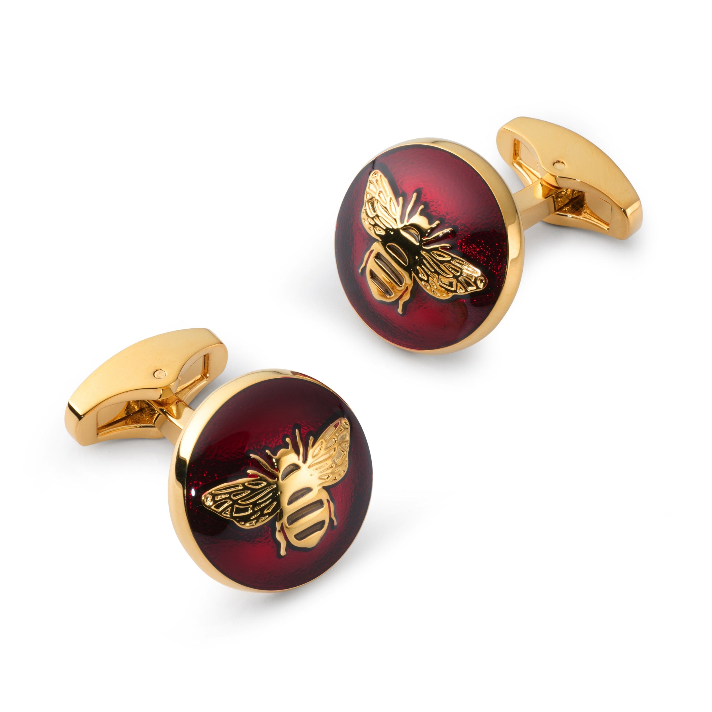 Bee cufflinks in red enamel with polished gold bee motif by Benson & Clegg