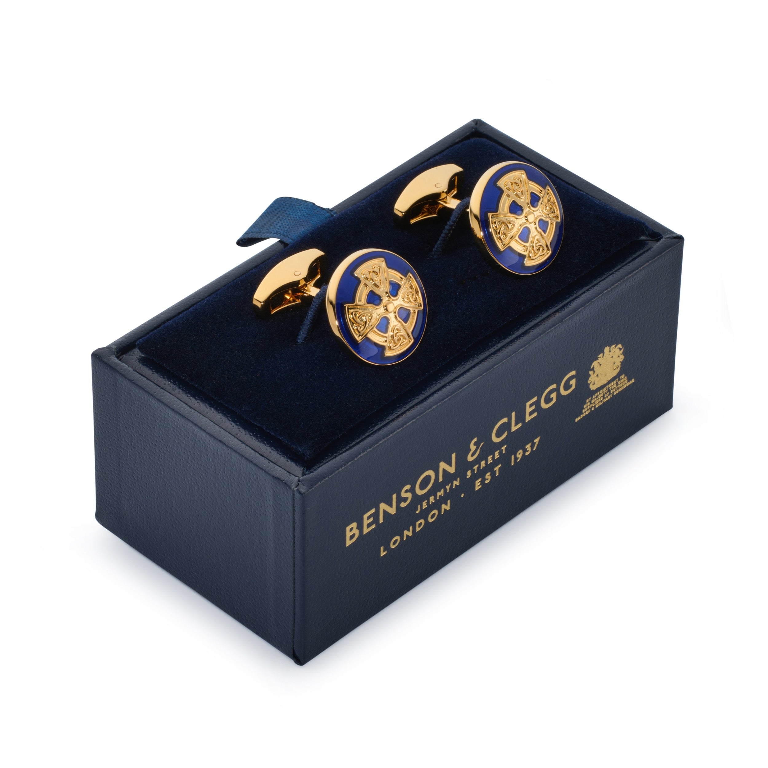 Celtic Cross cufflinks in royal blue presented in Benson & Clegg luxury navy and gold presentation box