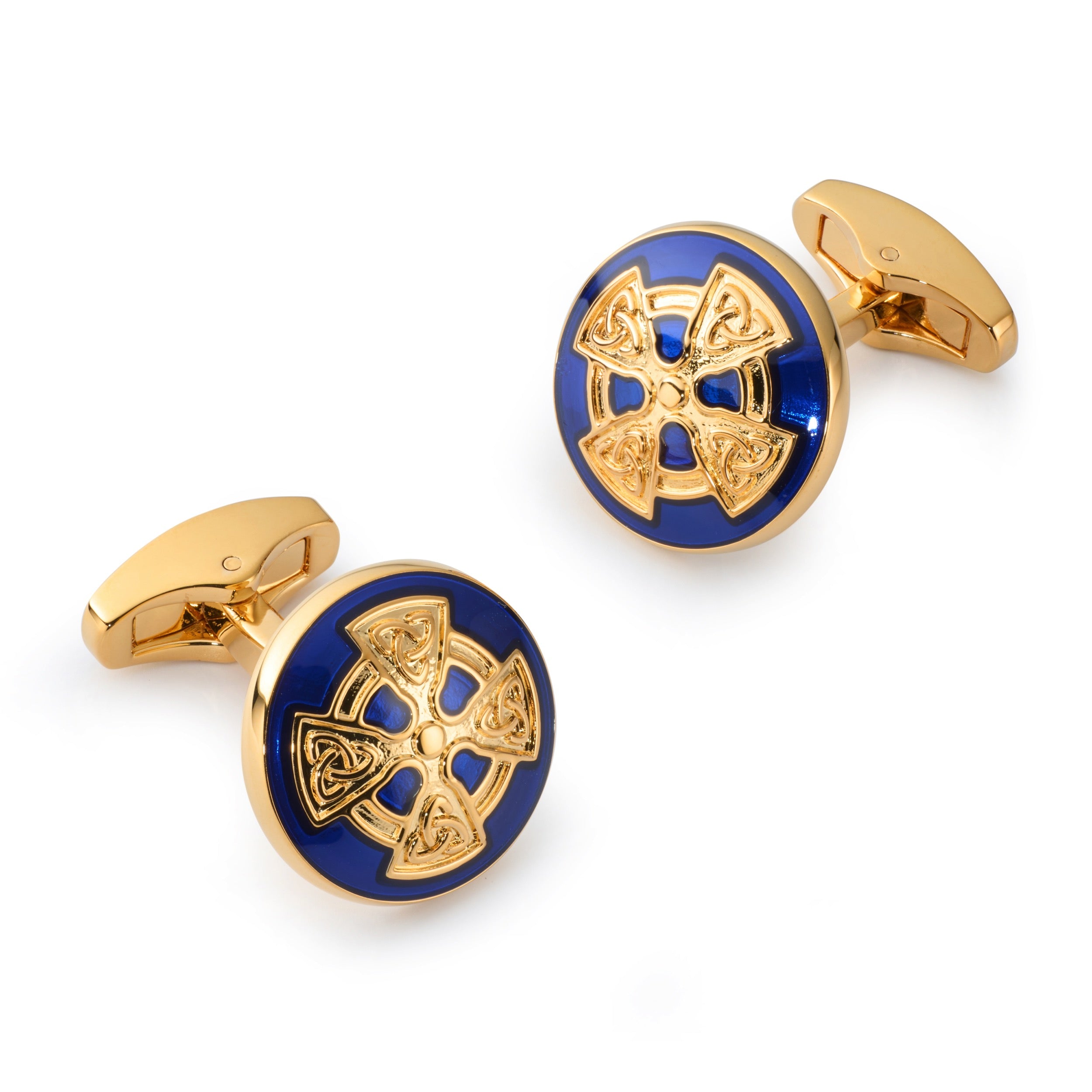 Celtic Cross cufflinks in royal blue enamel with polished gold Celtic knot cross by Benson & Clegg