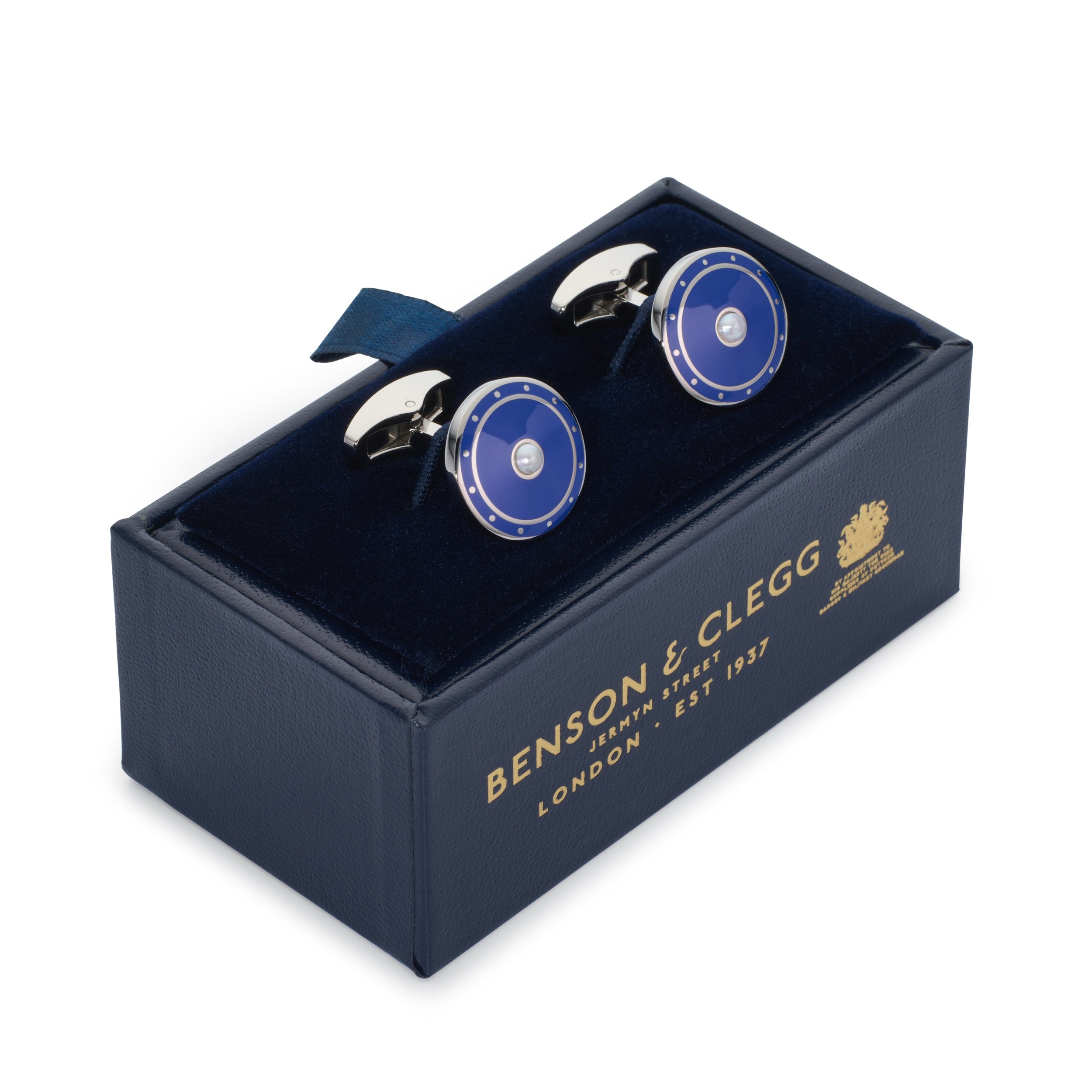 Halo cufflinks in Imperial Blue with polished silver halo and mother-of-pearl centre in luxury presentation box