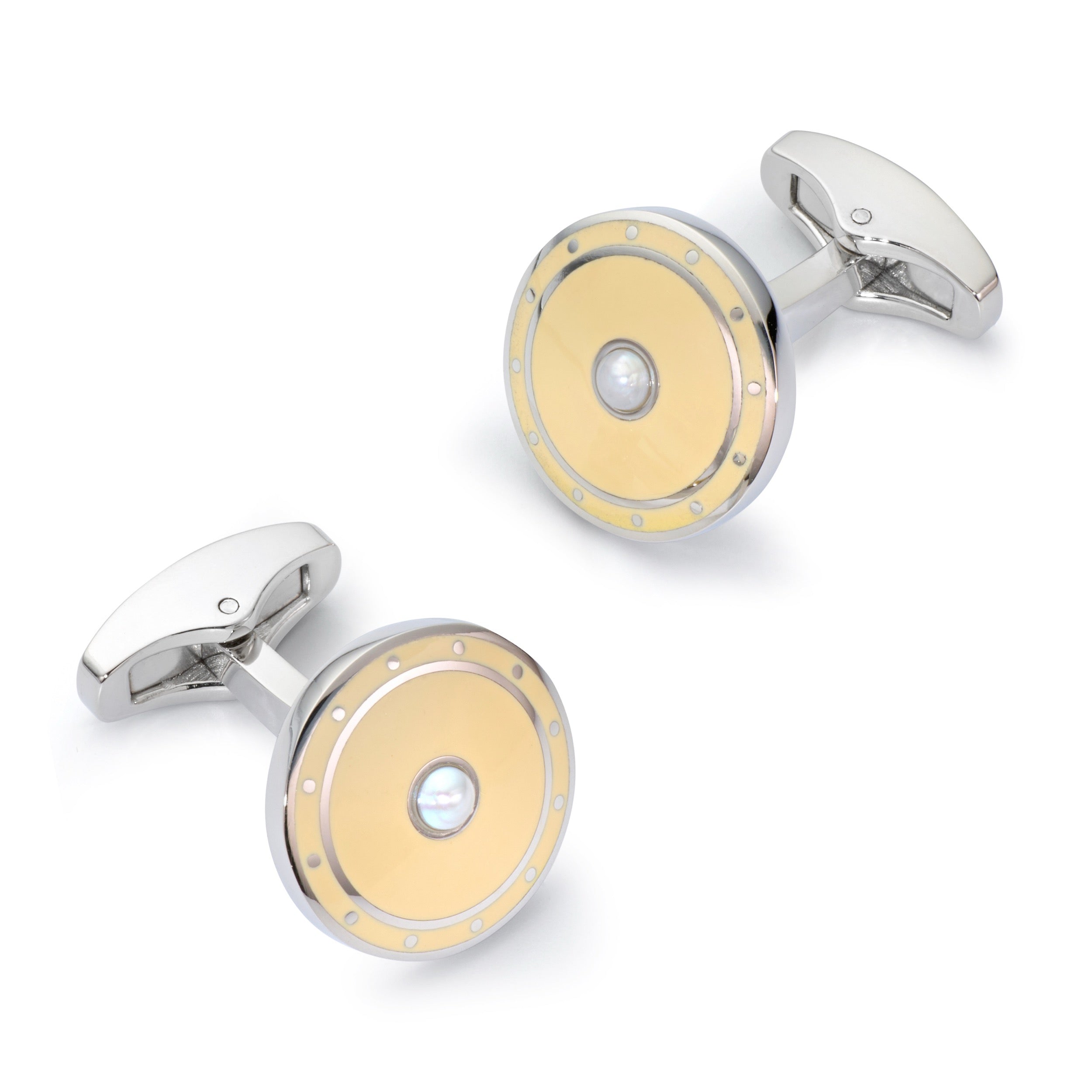 Halo cufflinks in Ivory Gold with polished silver halo and mother-of-pearl centre