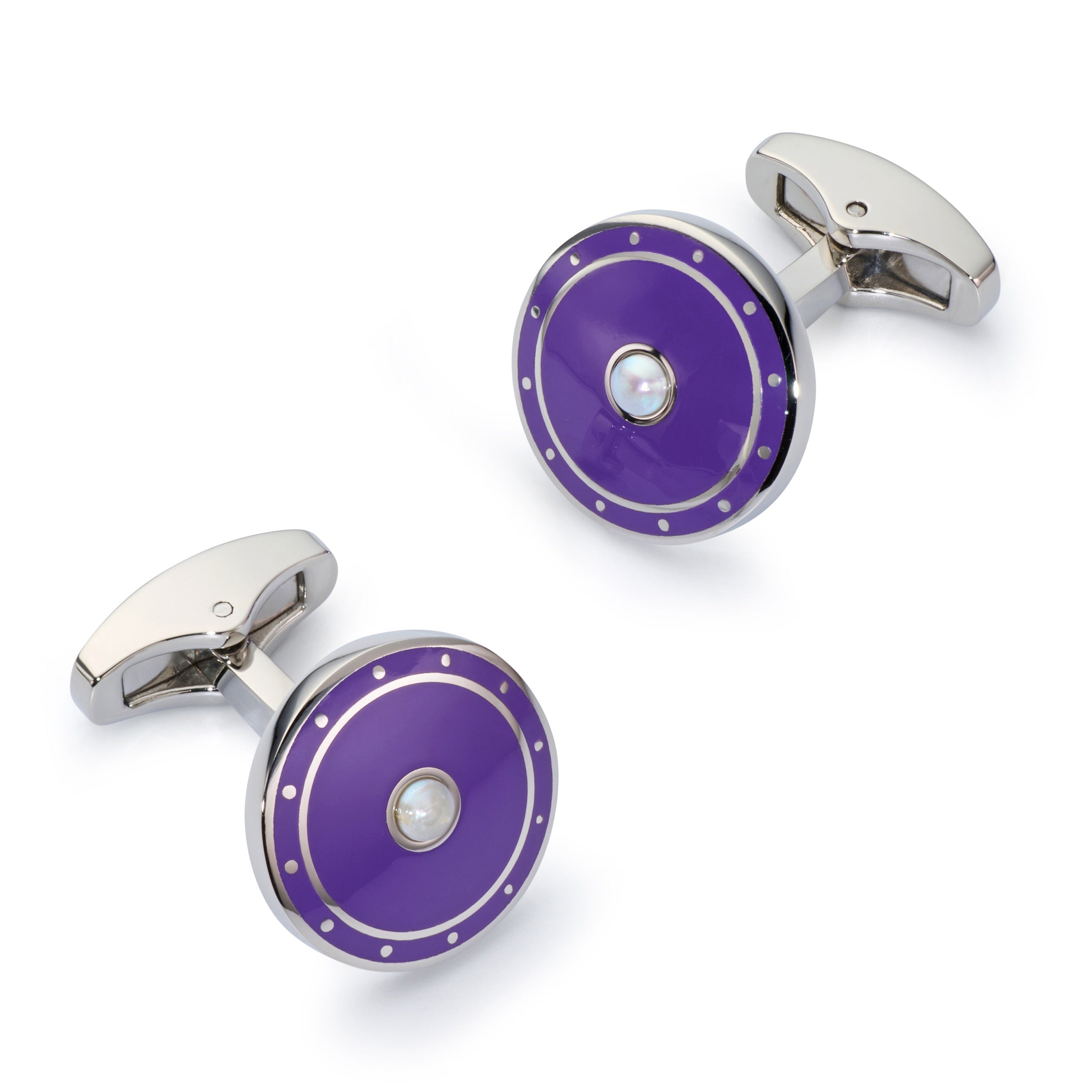 Halo cufflinks in Royal Purple with polished silver halo and pearl centre