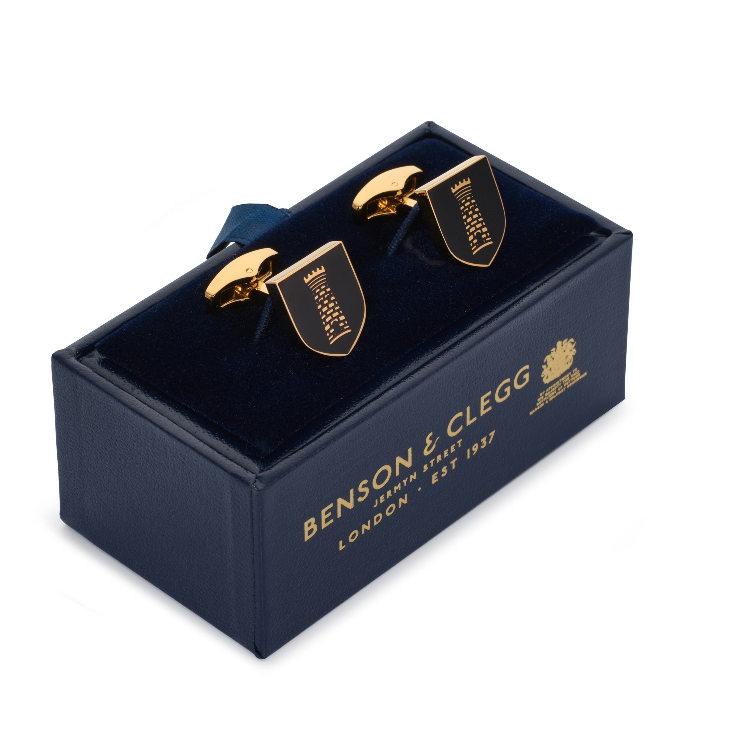 Heraldic tower shield cufflinks in black enamel with gold tower motif and gold-tone finish in luxury presentation box