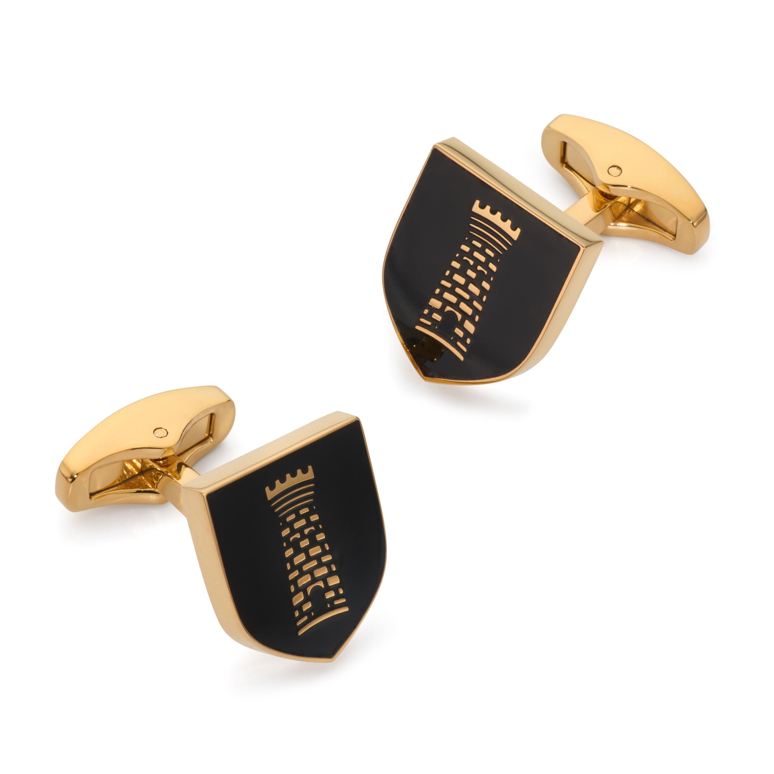 Heraldic tower shield cufflinks in black enamel with gold tower motif and gold-tone finish