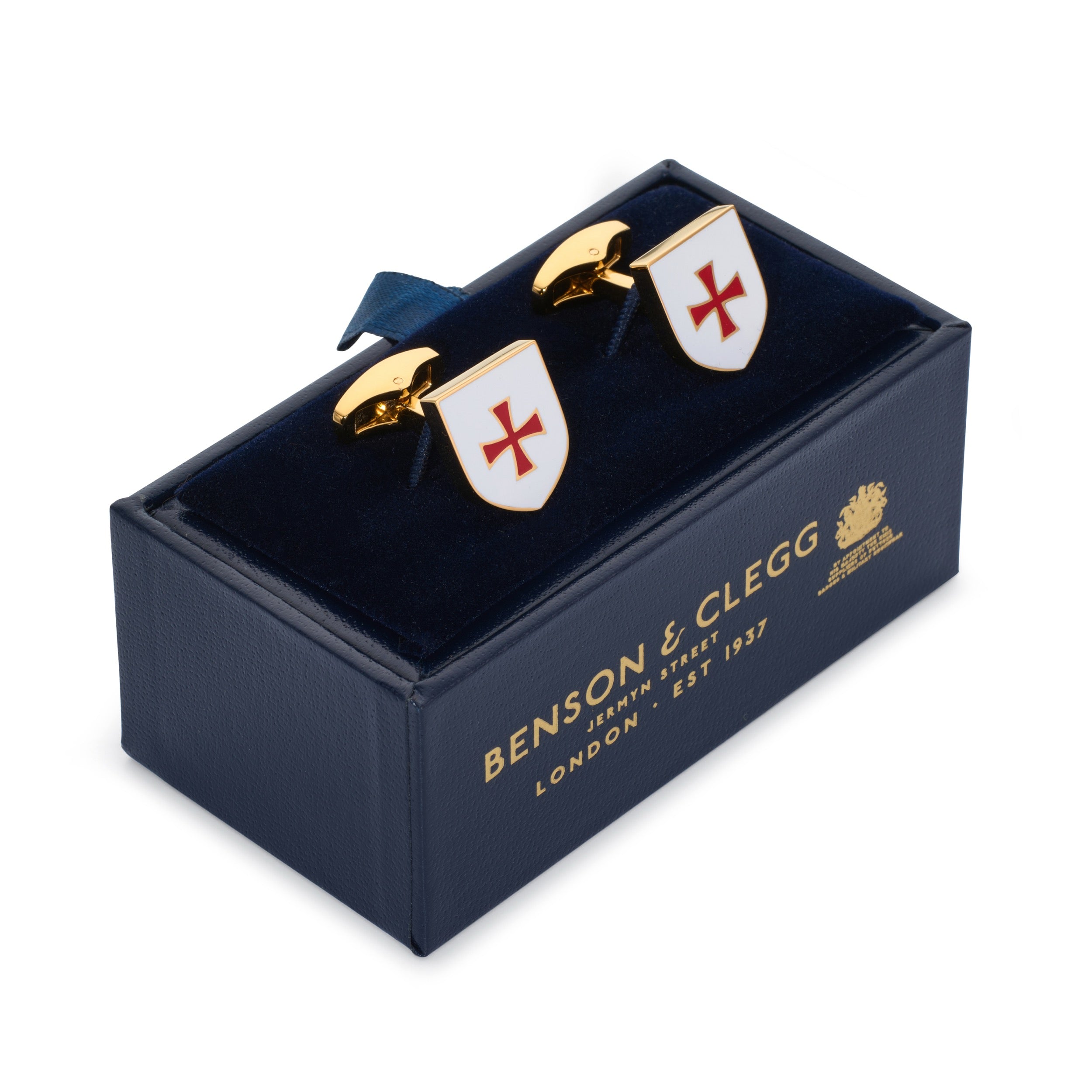 Knights Templar shield cufflinks with red cross on white enamel in gold-tone finish in luxury presentation box.