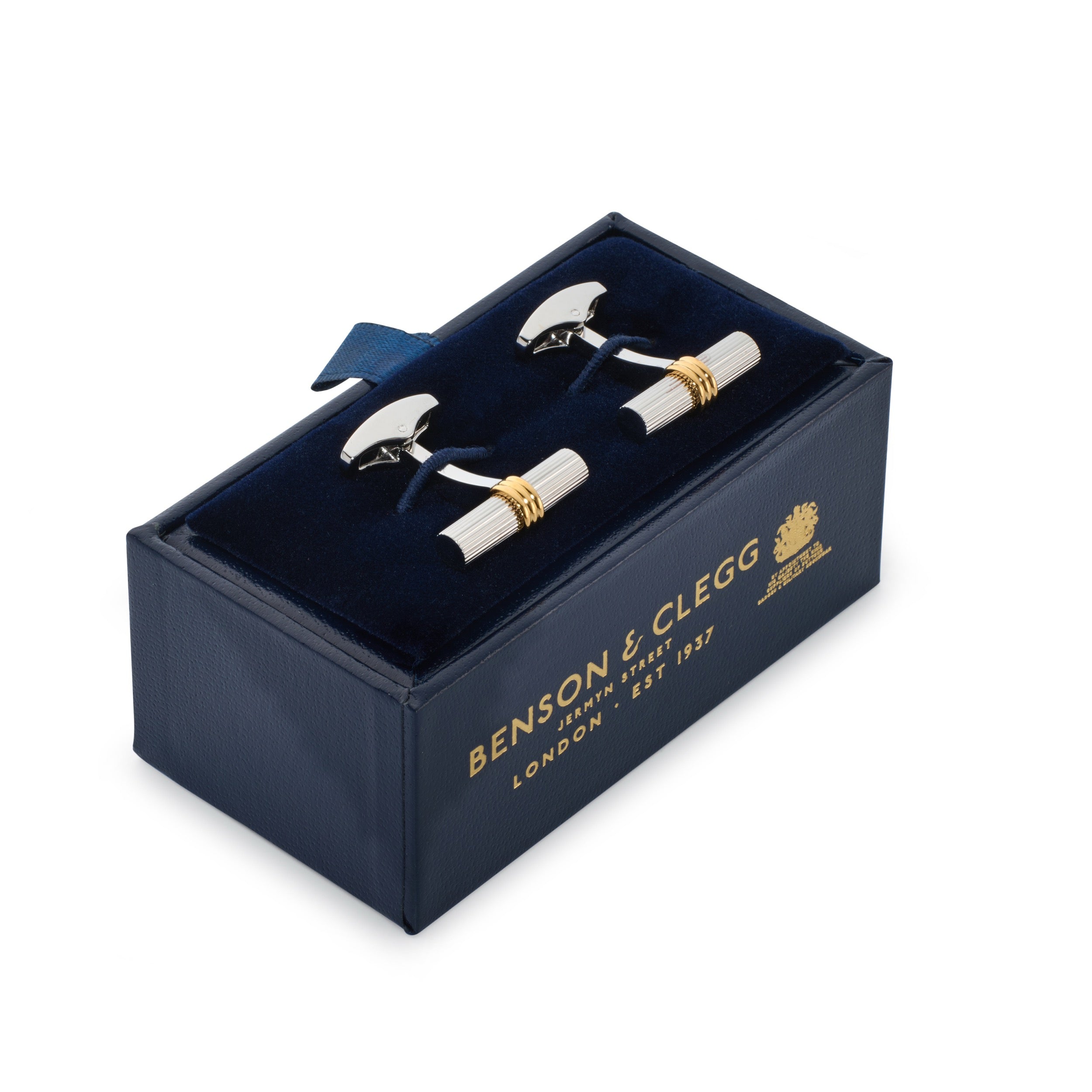 Regent Bar cufflinks presented in Benson & Clegg luxury navy and gold presentation box