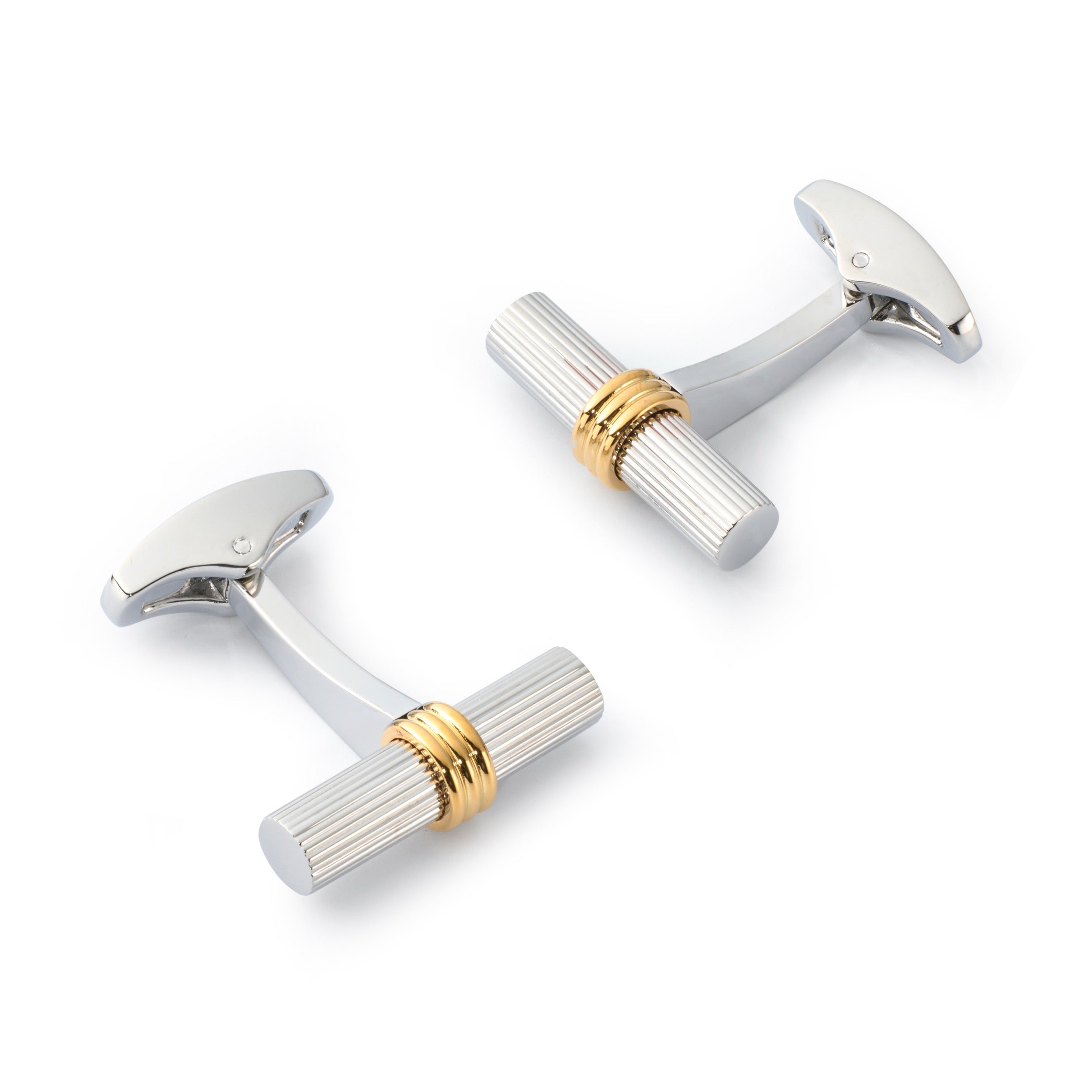 Regent Bar cufflinks in silver with ribbed cylindrical bars and polished gold centre band by Benson & Clegg