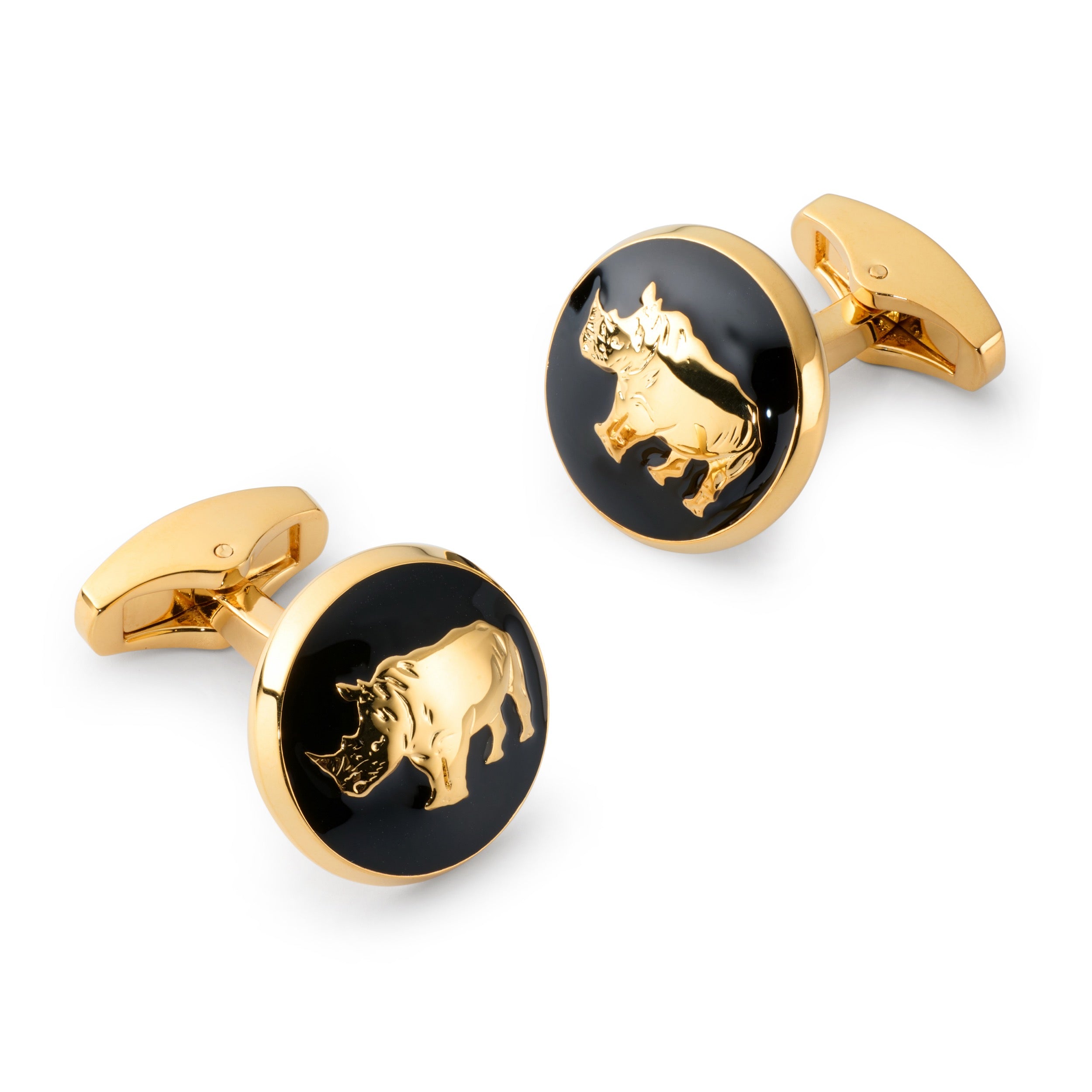 Rhino cufflinks in black enamel with polished gold rhinoceros motif by Benson & Clegg