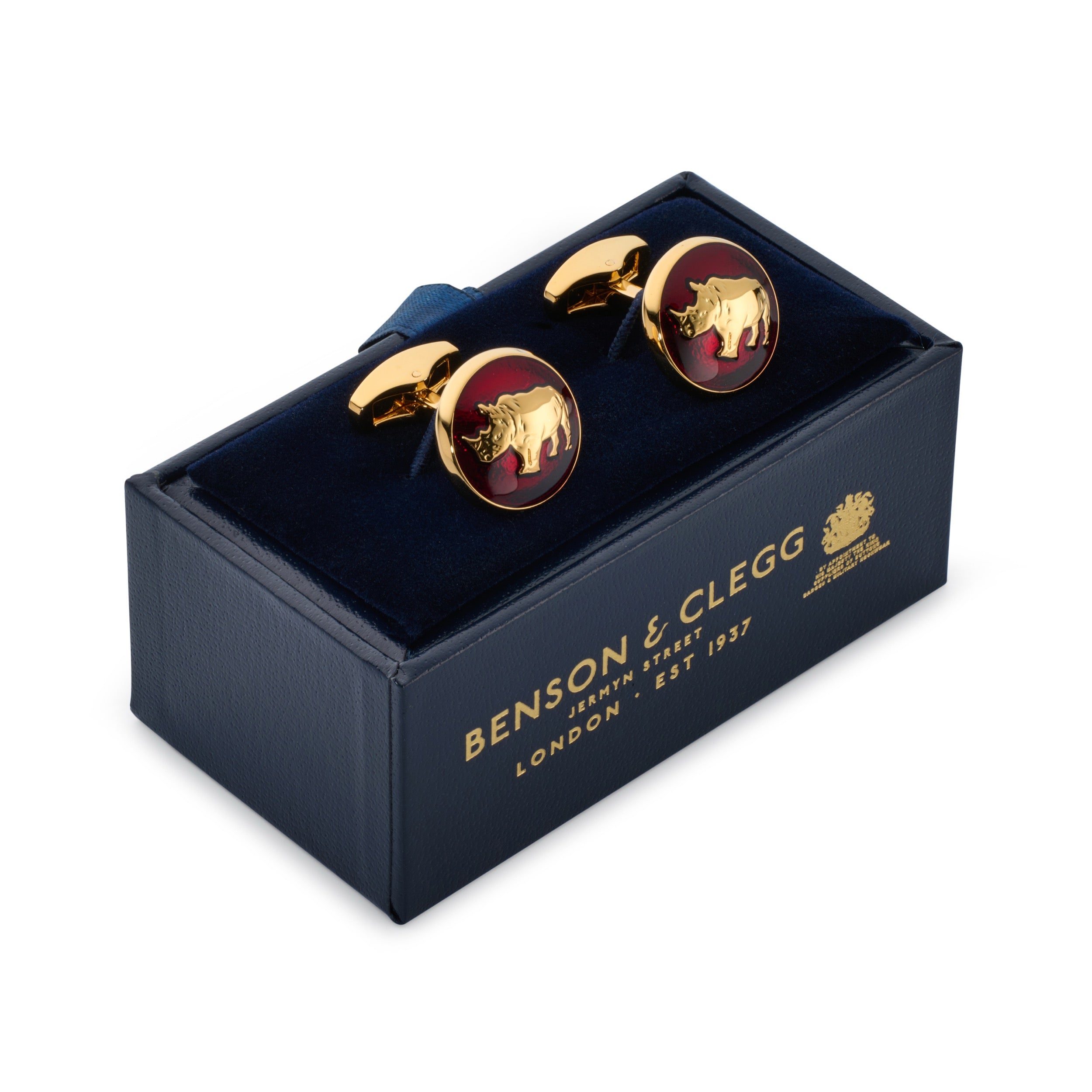 Rhino cufflinks in red enamel presented in Benson & Clegg luxury navy and gold presentation box
