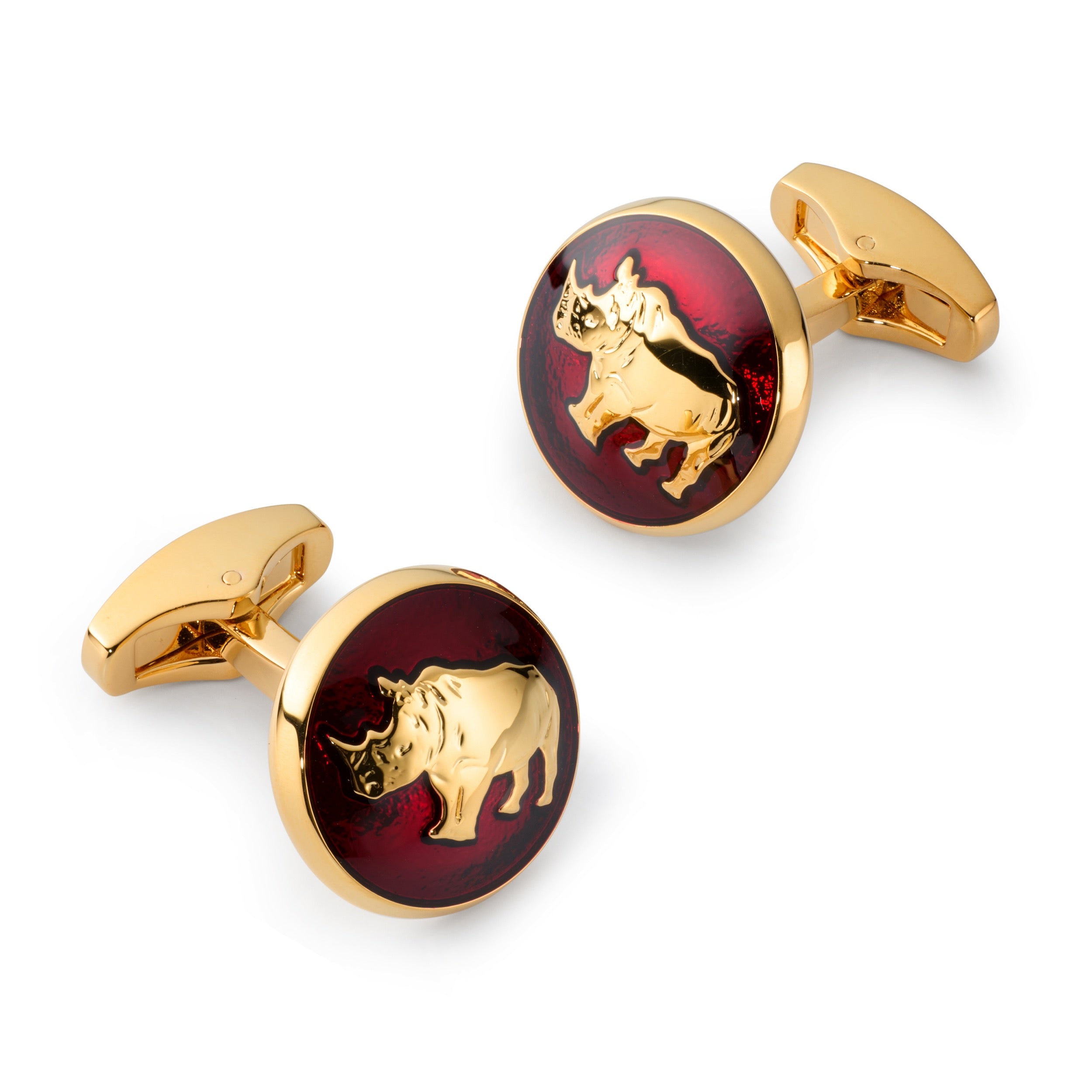 Rhino cufflinks in red enamel with polished gold rhinoceros motif by Benson & Clegg