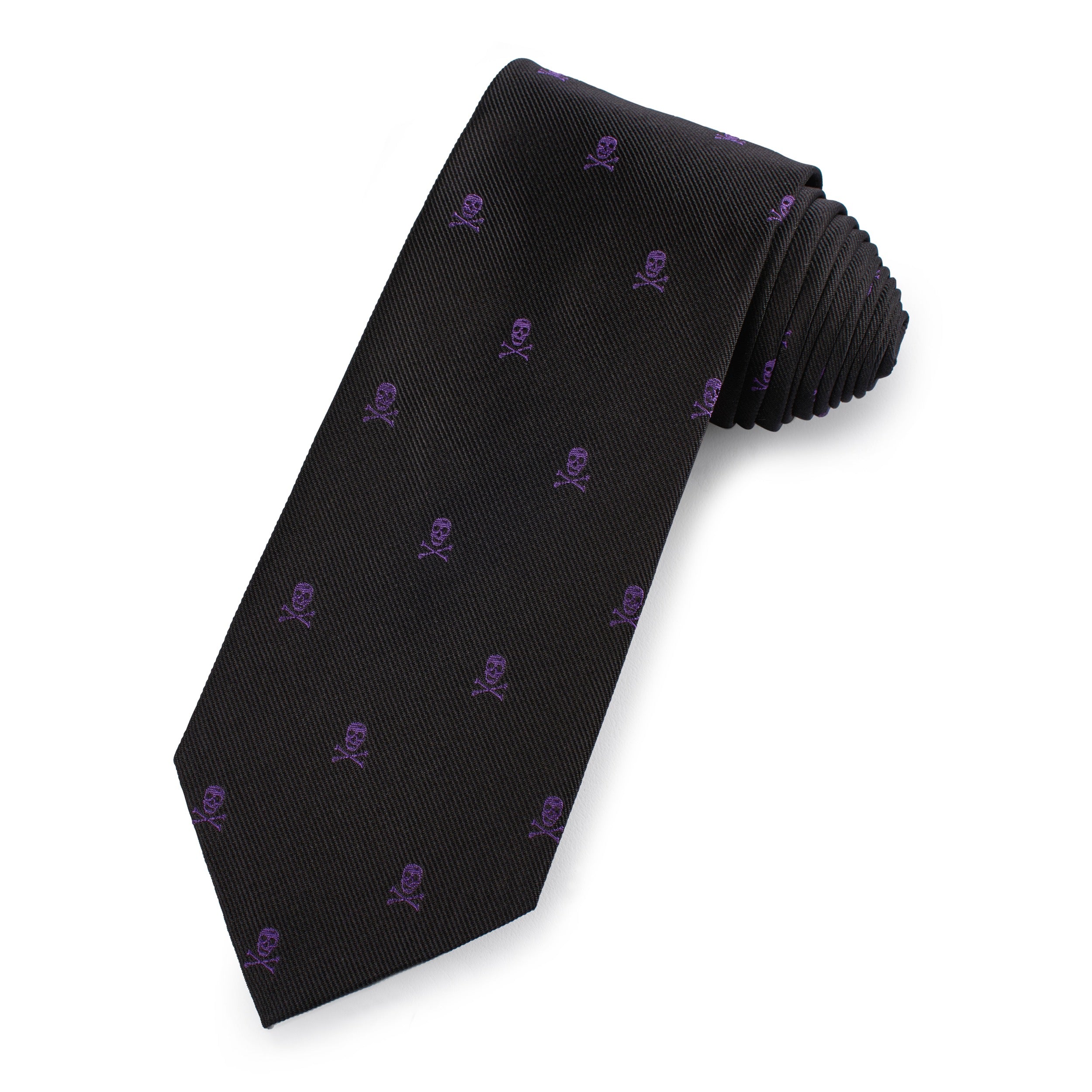 Skull & Crossbones Silk Tie In Purple & Black