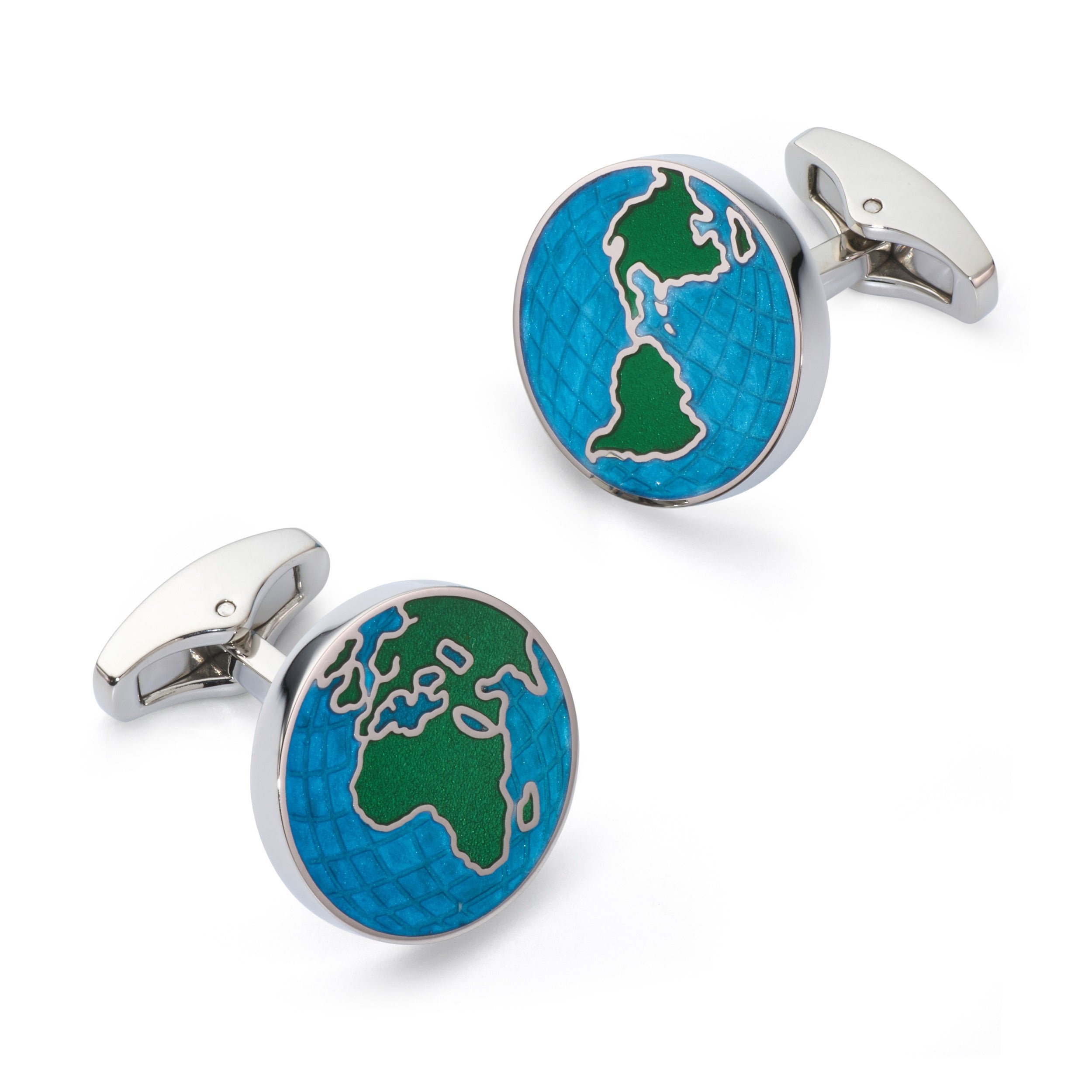 World Map cufflinks with blue enamel globe and green continents in polished silver setting