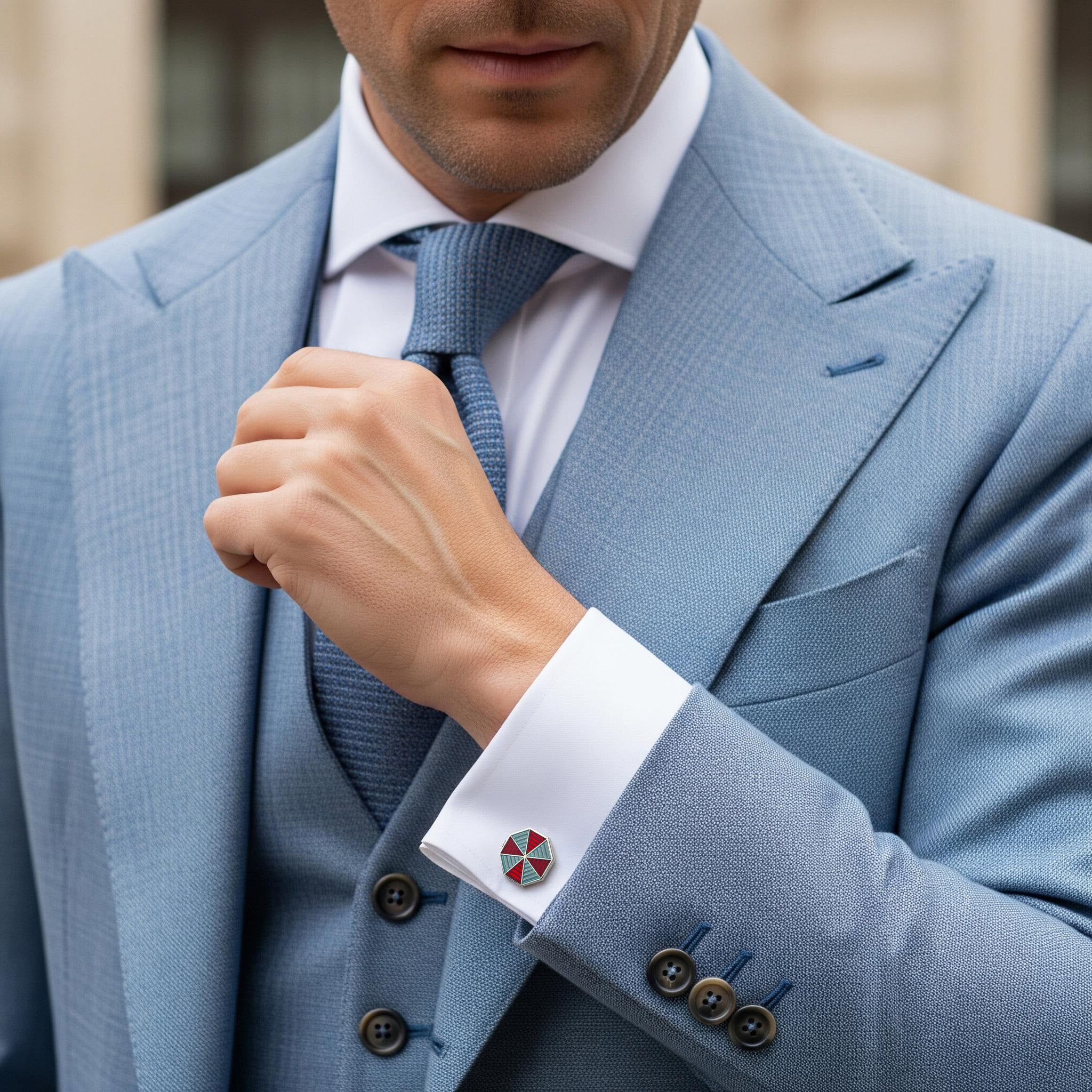 Octagonal Sterling Silver Cloisonne Cufflinks In Red