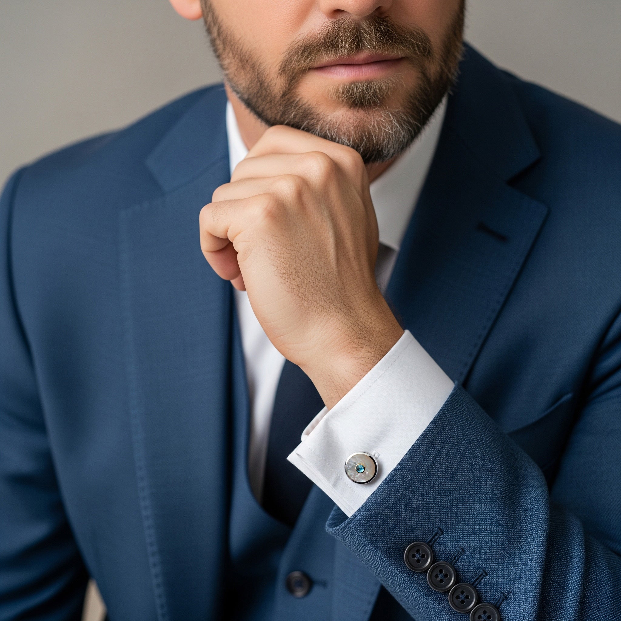 Sterling Silver Cufflinks With Mother Of Pearl And Blue Topaz