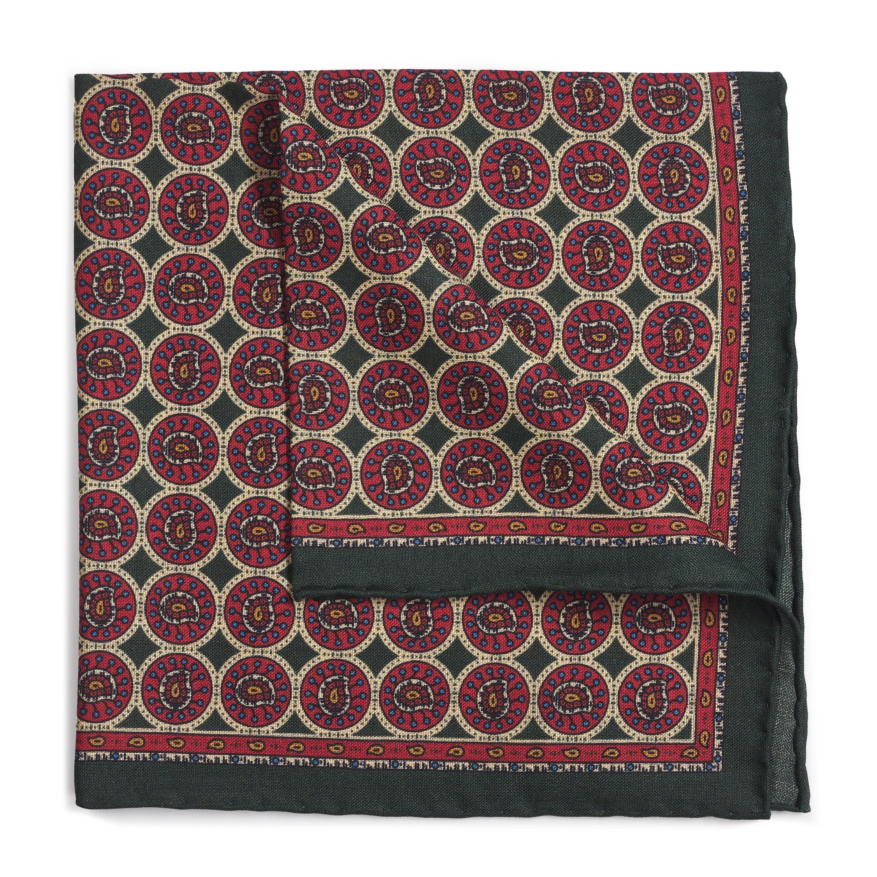 Circular Paisley (Wool & Silk Mix) Pocket Square In Green