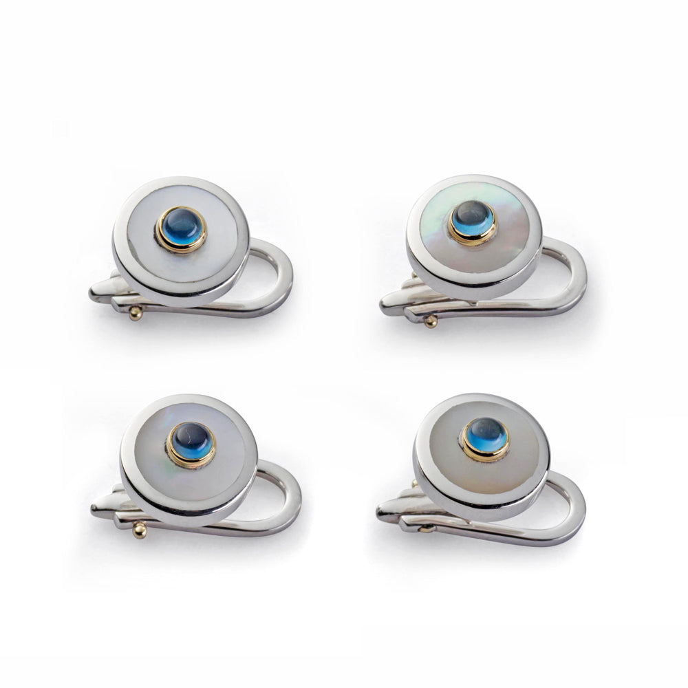 Sterling Silver And Mother Of Pearl With Blue Topaz Dress Studs
