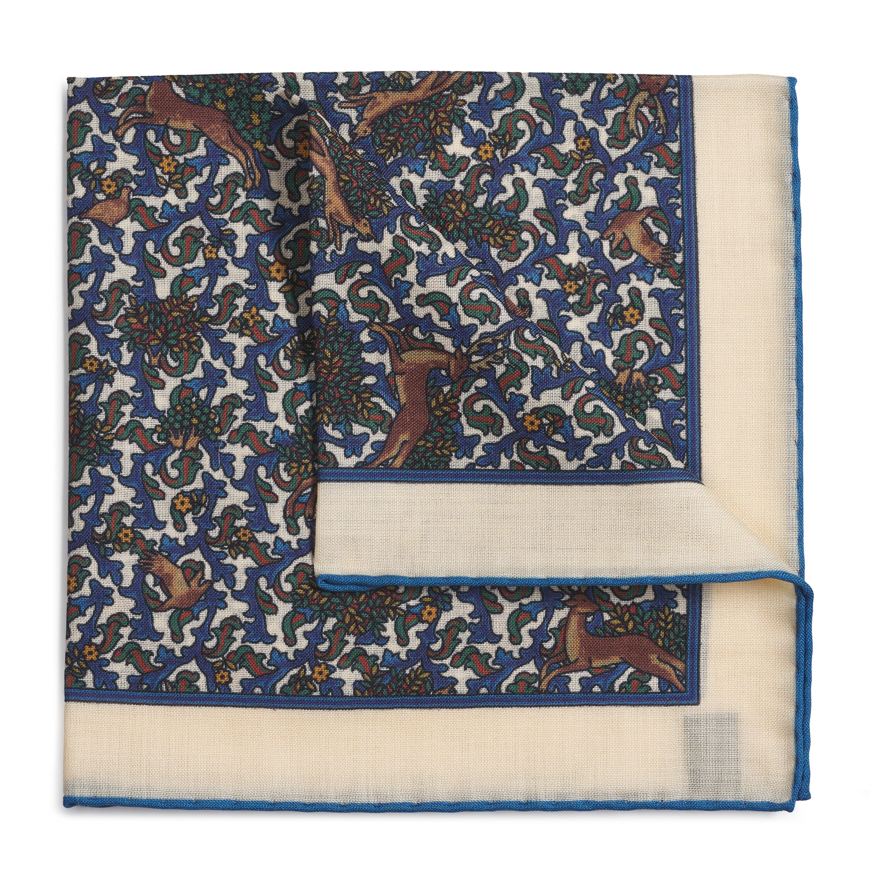 Stag & Forest(Wool & Silk Mix) Pocket Square In Cream