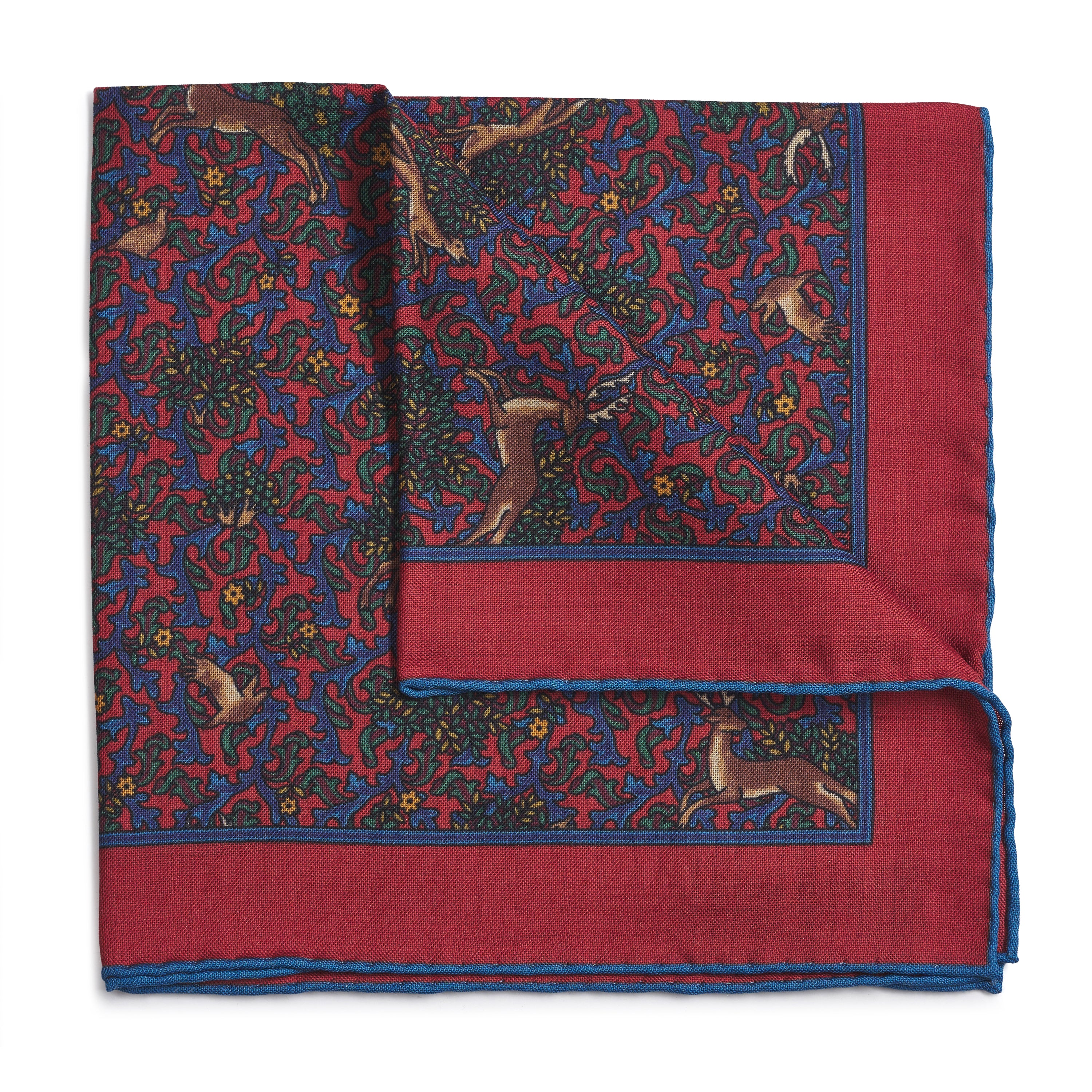 Stag & Forest(Wool & Silk Mix) Pocket Square In Red