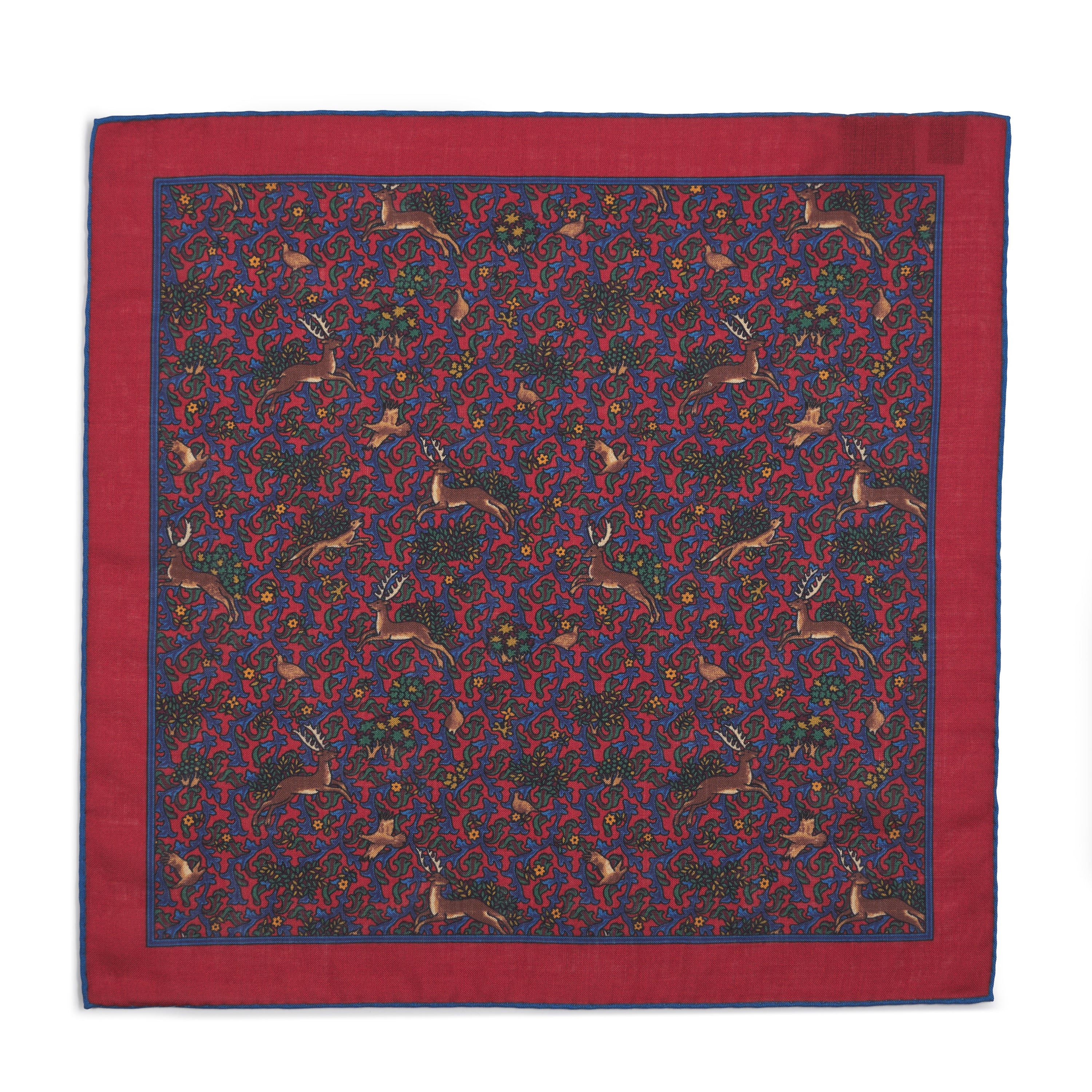 Stag & Forest(Wool & Silk Mix) Pocket Square In Red