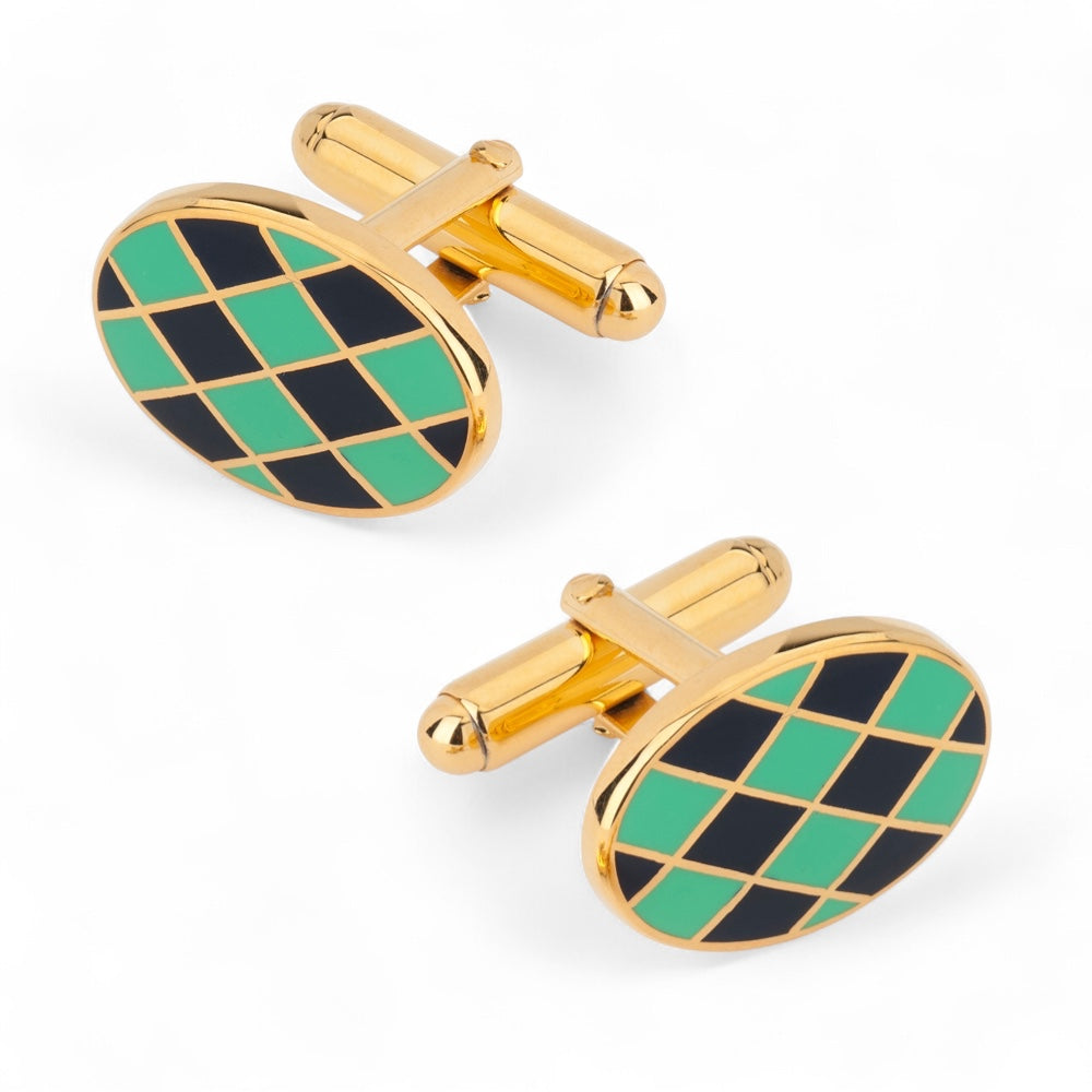 Harlequin Cufflinks In Navy And Green Enamel