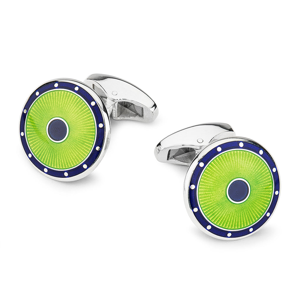 Domed Guilloche Sterling Silver Cufflinks In Green