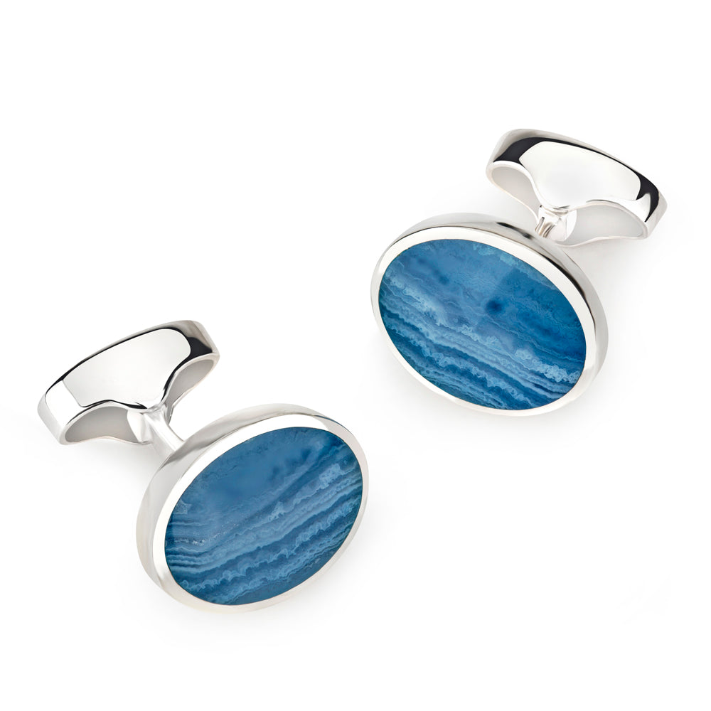 Sterling Silver Oval Cufflinks With Blue Lace