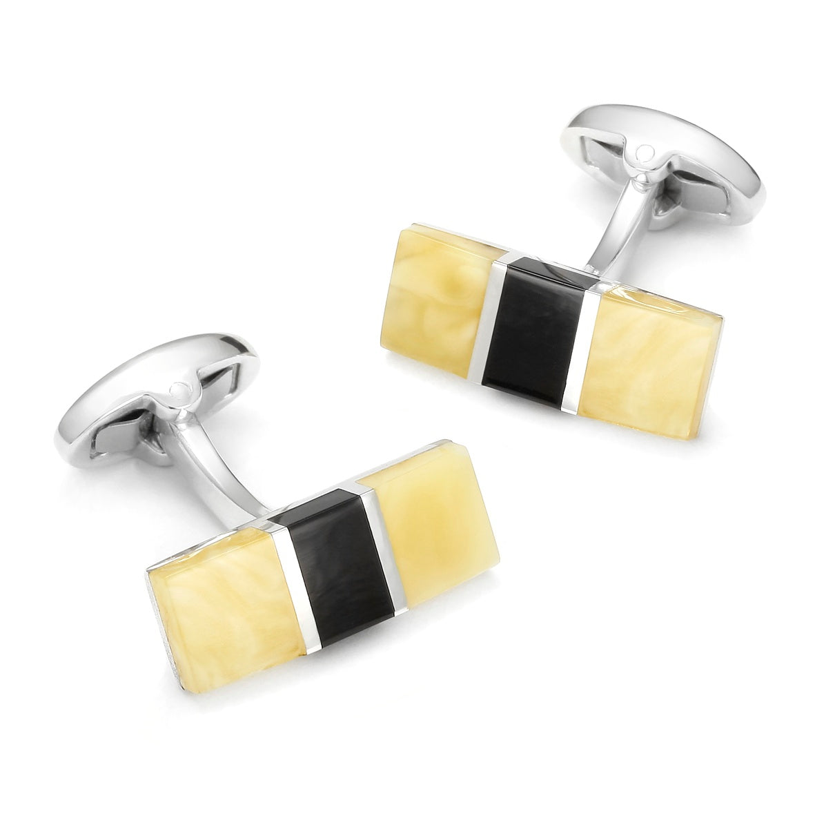 Baltic Amber With Jet Rectangle Sterling Silver Cufflinks