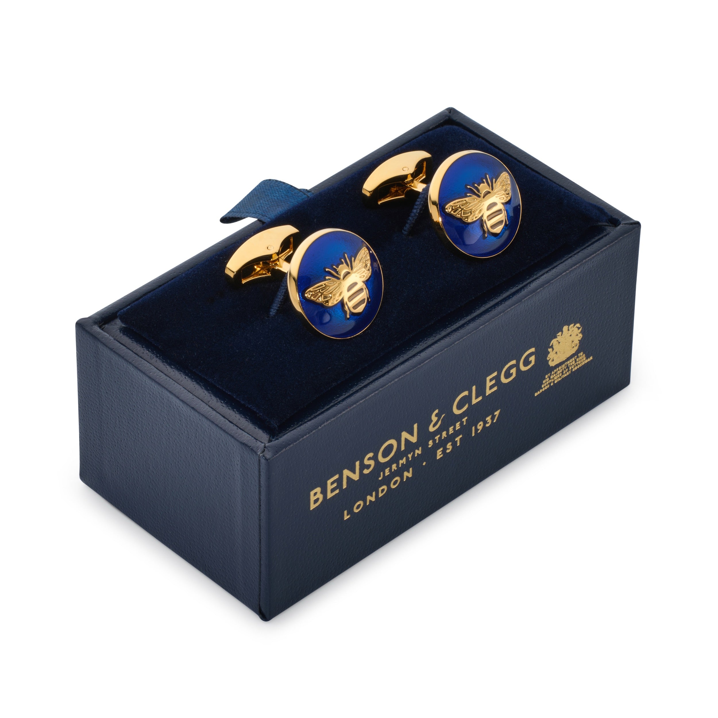 Bee cufflinks in blue enamel presented in Benson & Clegg luxury navy and gold presentation box