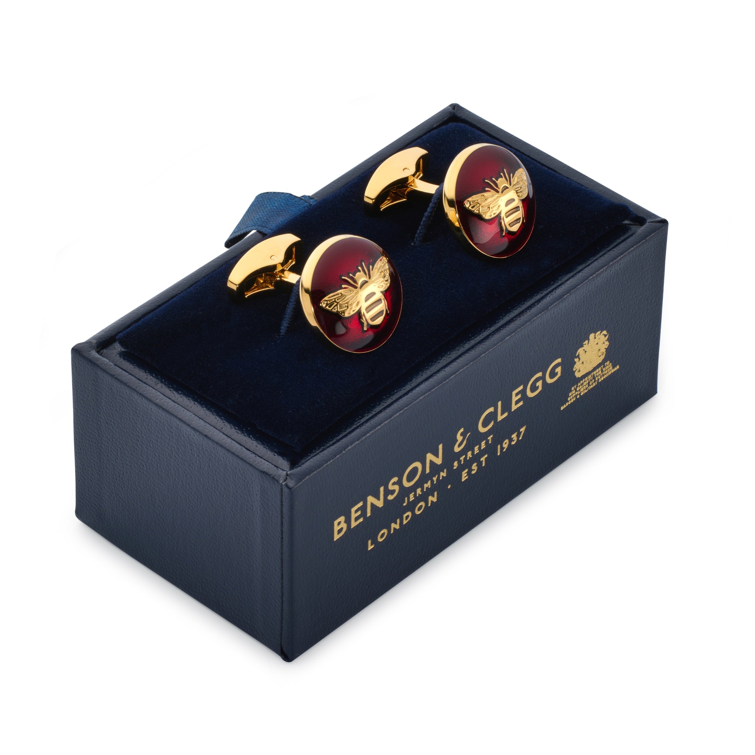 Bee cufflinks in red enamel presented in Benson & Clegg luxury navy and gold presentation box