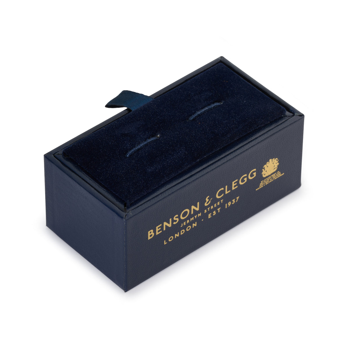 Navy blue cufflink box with gold 'Benson & Clegg' branding on a white background. Luxury cufflinks by Royal Warrant Holders.