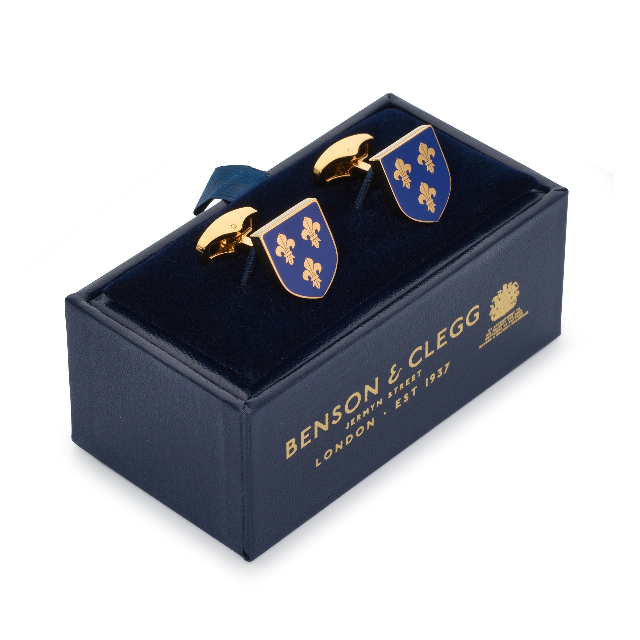 Fleur De Lys shield cufflinks in Imperial Blue enamel with gold fleur-de-lys motifs in luxury presentation box