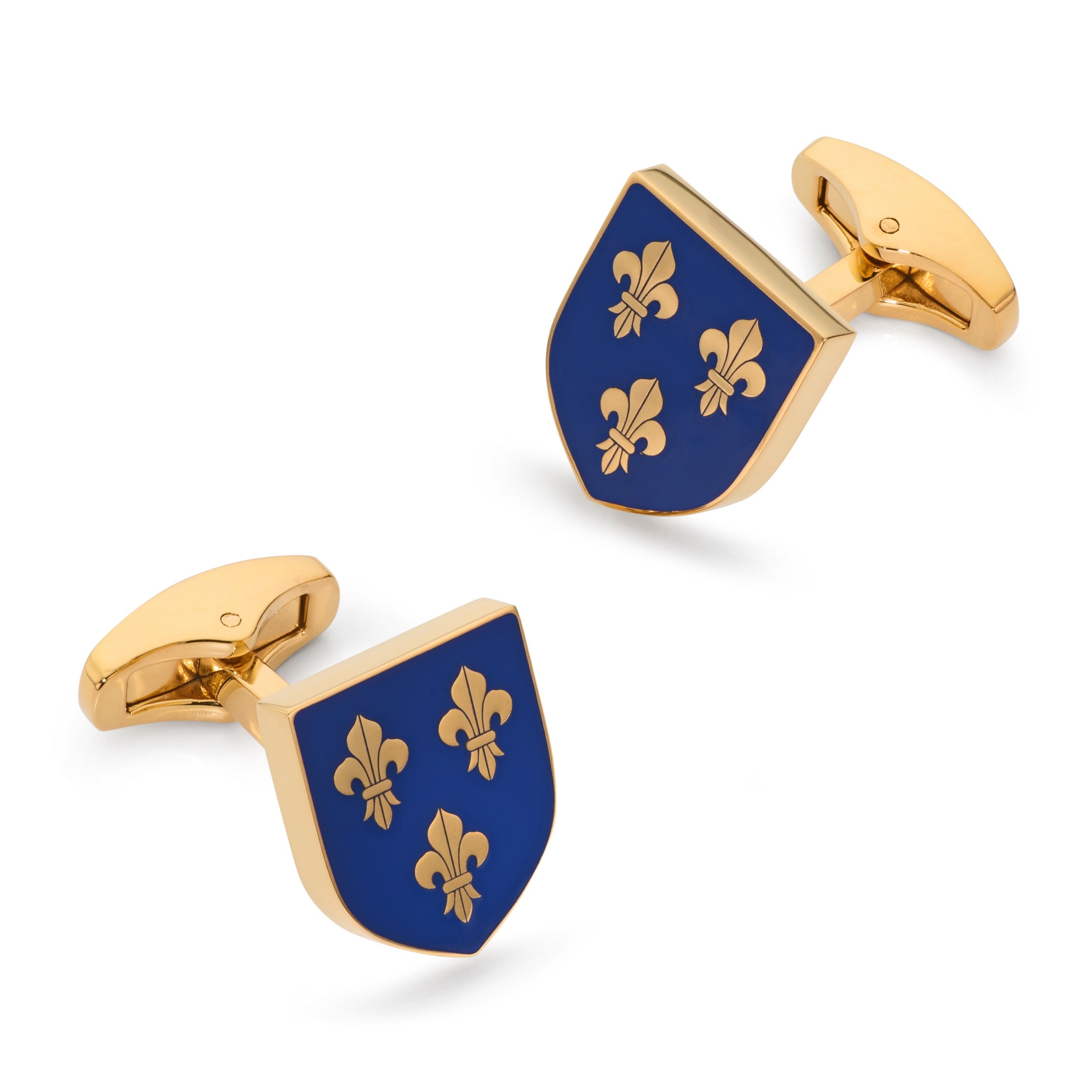 Fleur De Lys shield cufflinks in Imperial Blue enamel with gold fleur-de-lys motifs
