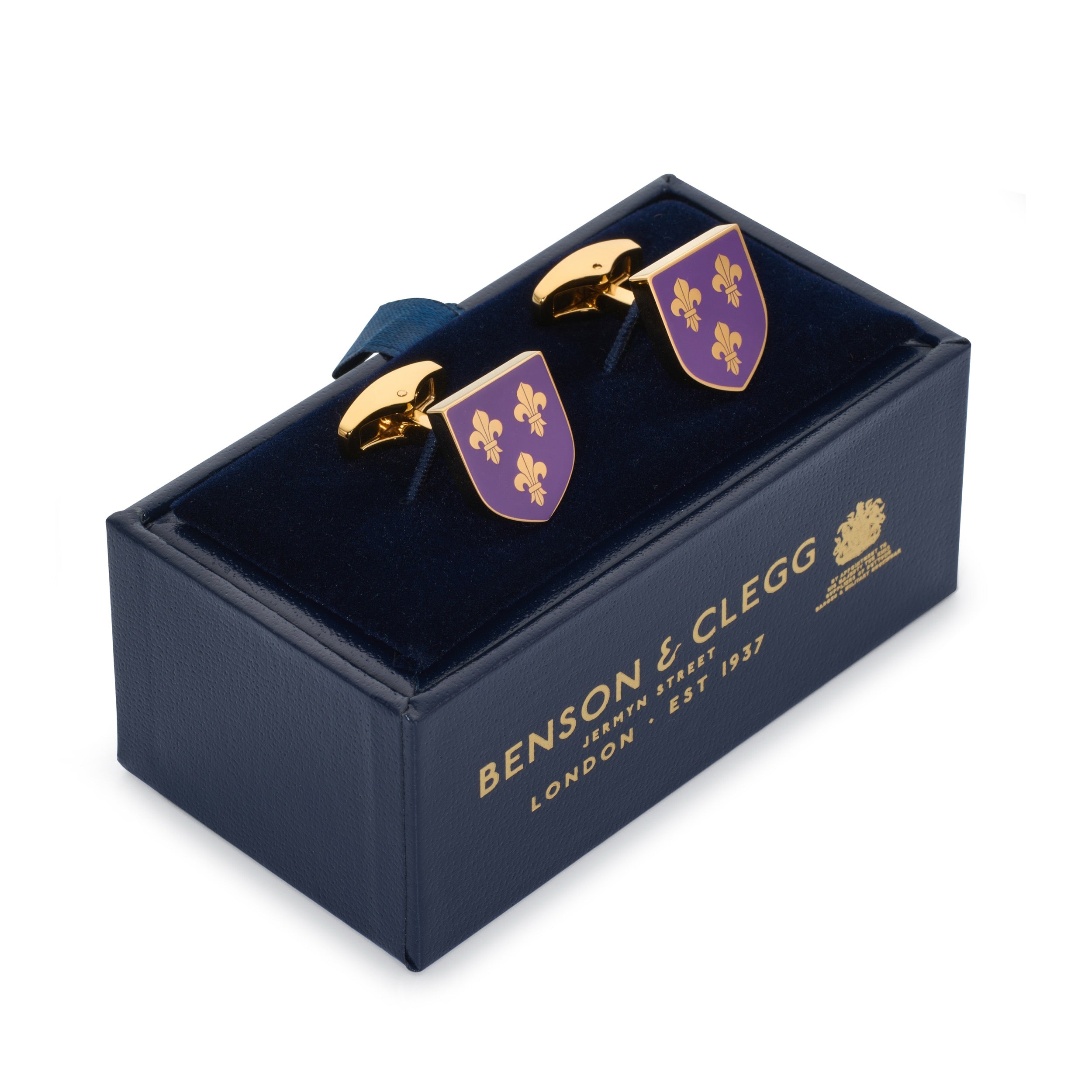 Fleur De Lys shield cufflinks in Royal Purple enamel with gold fleur-de-lys detailing in luxury presentation box