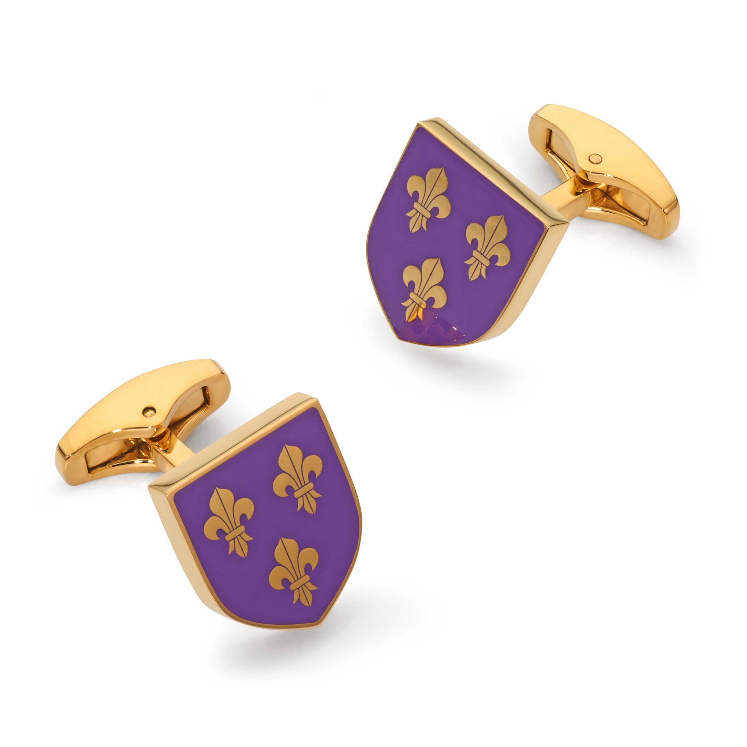 Fleur De Lys shield cufflinks in Royal Purple enamel with gold fleur-de-lys detailing