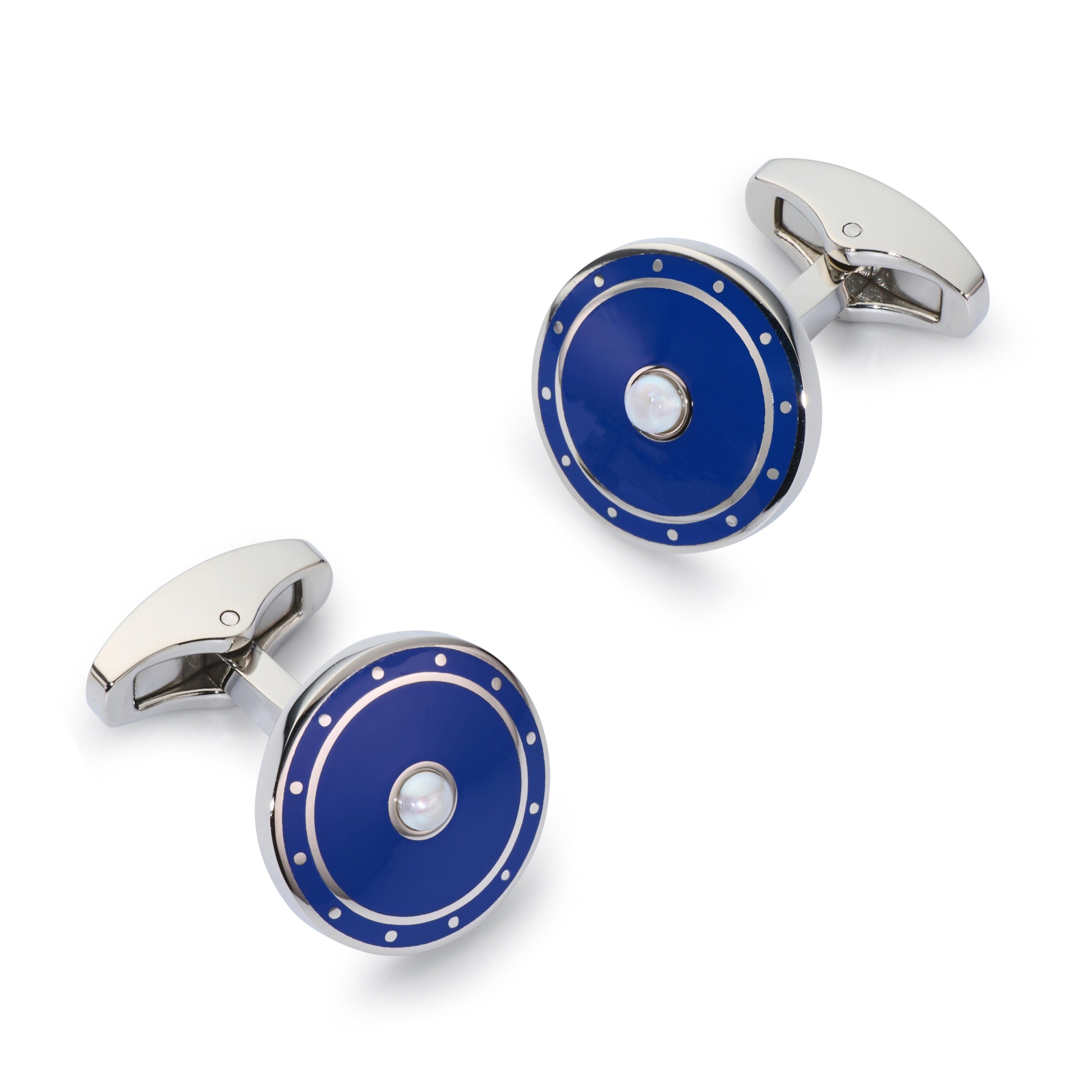 Halo cufflinks in Imperial Blue with polished silver halo and mother-of-pearl centre