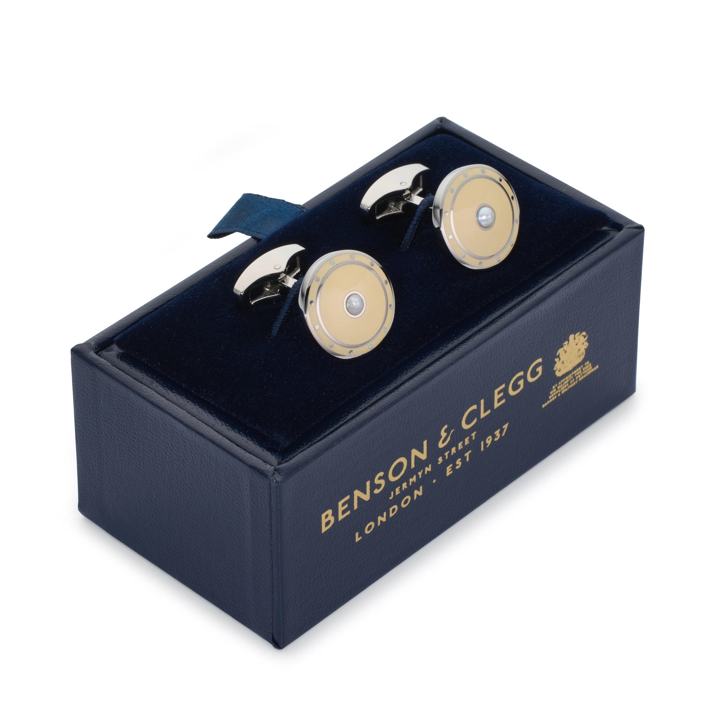 Halo cufflinks in Ivory Gold with polished silver halo and mother-of-pearl centre in luxury presentation box