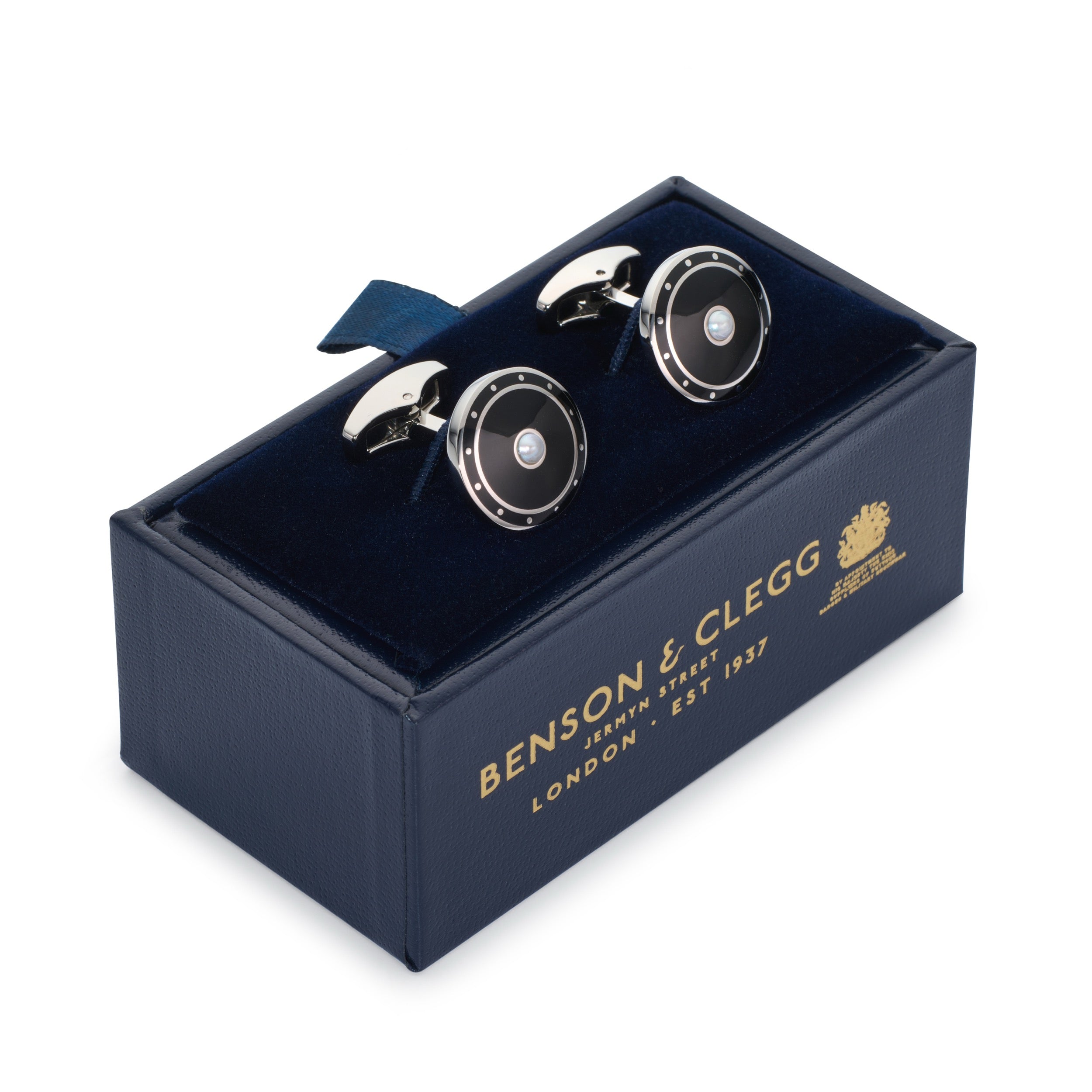 Halo cufflinks in Onyx Black with polished silver halo and pearl centre in luxury presentation box