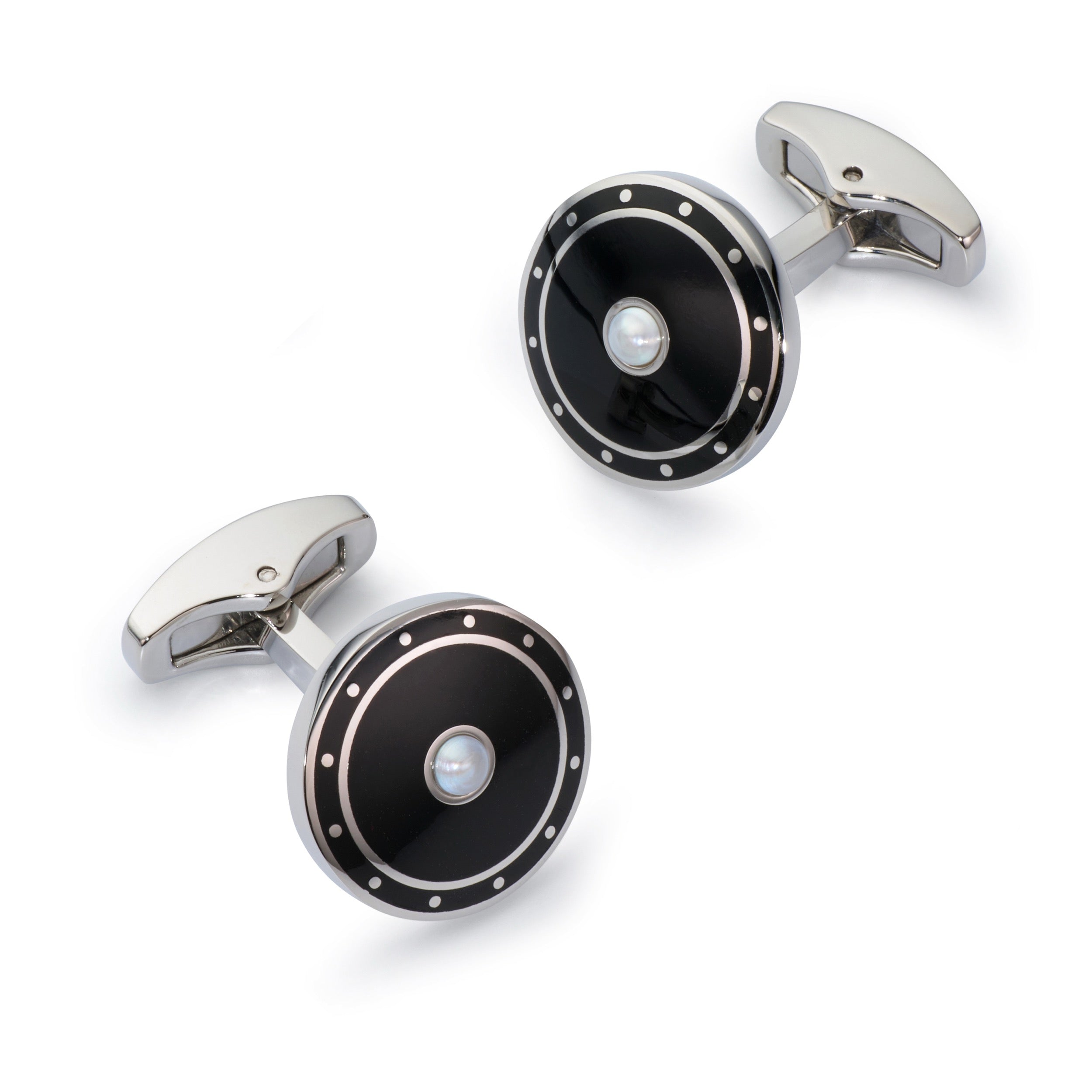 Halo cufflinks in Onyx Black with polished silver halo and pearl centre