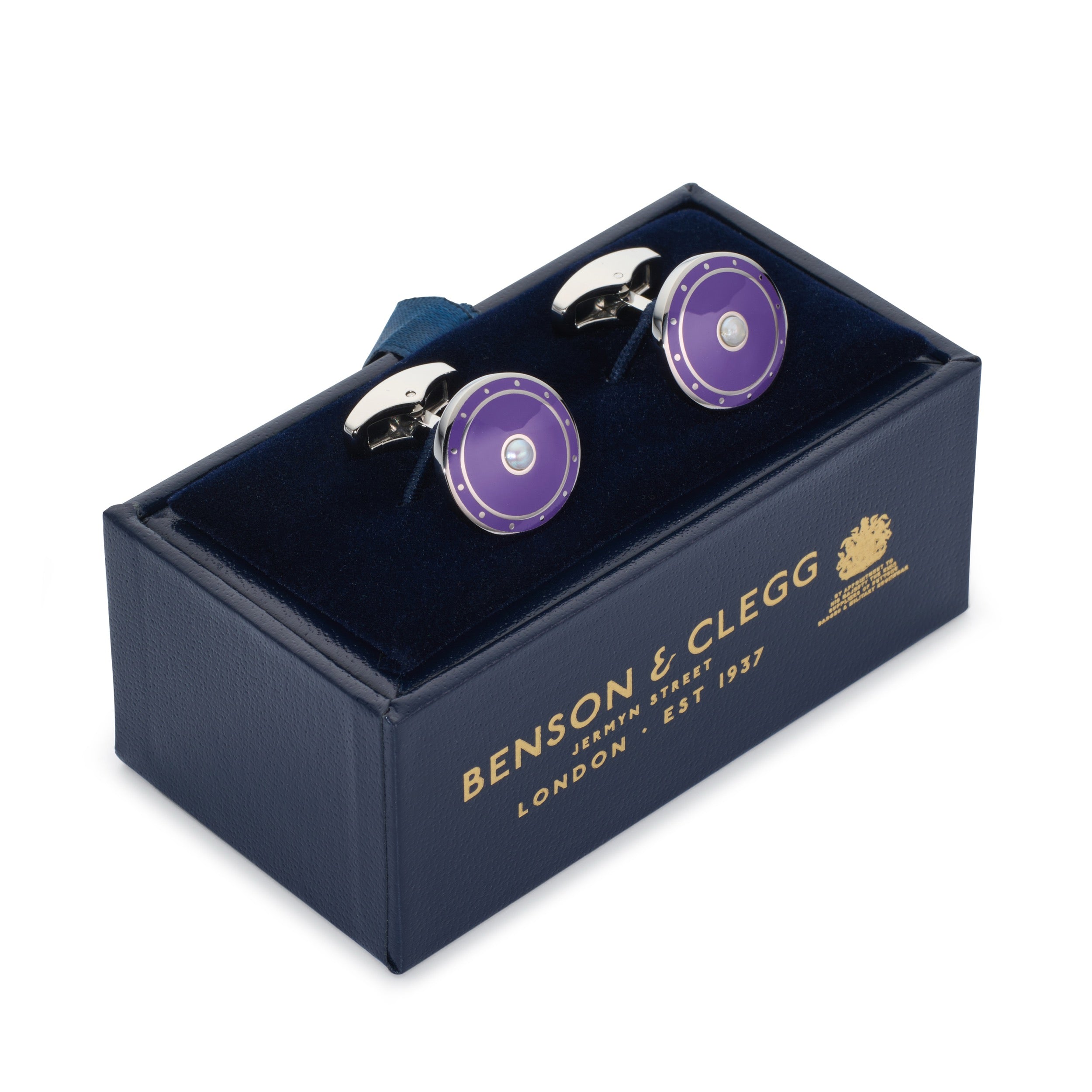 Halo cufflinks in Royal Purple with polished silver halo and pearl centre in luxury presentation box