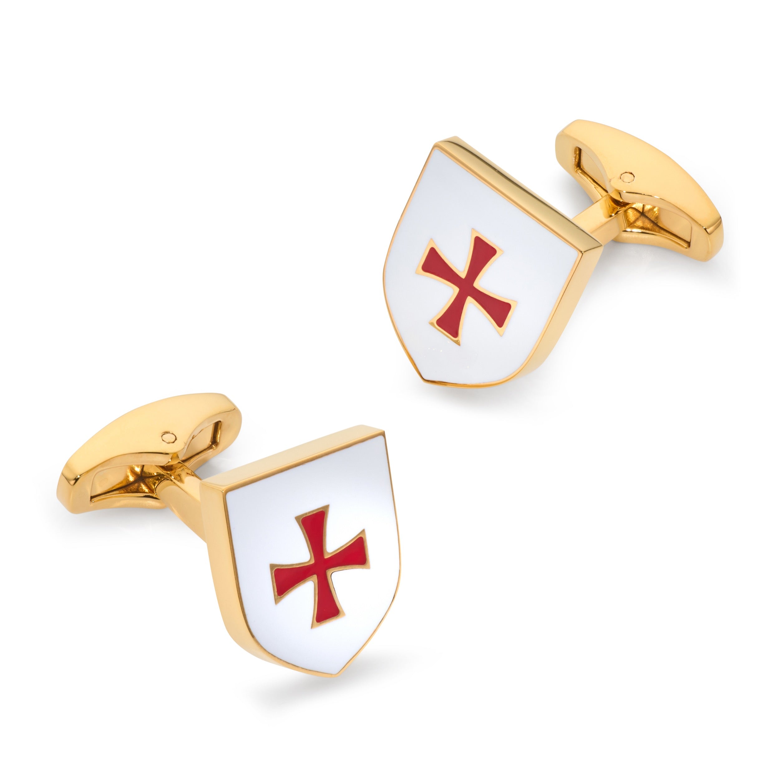 Knights Templar shield cufflinks with red cross on white enamel in gold-tone finish