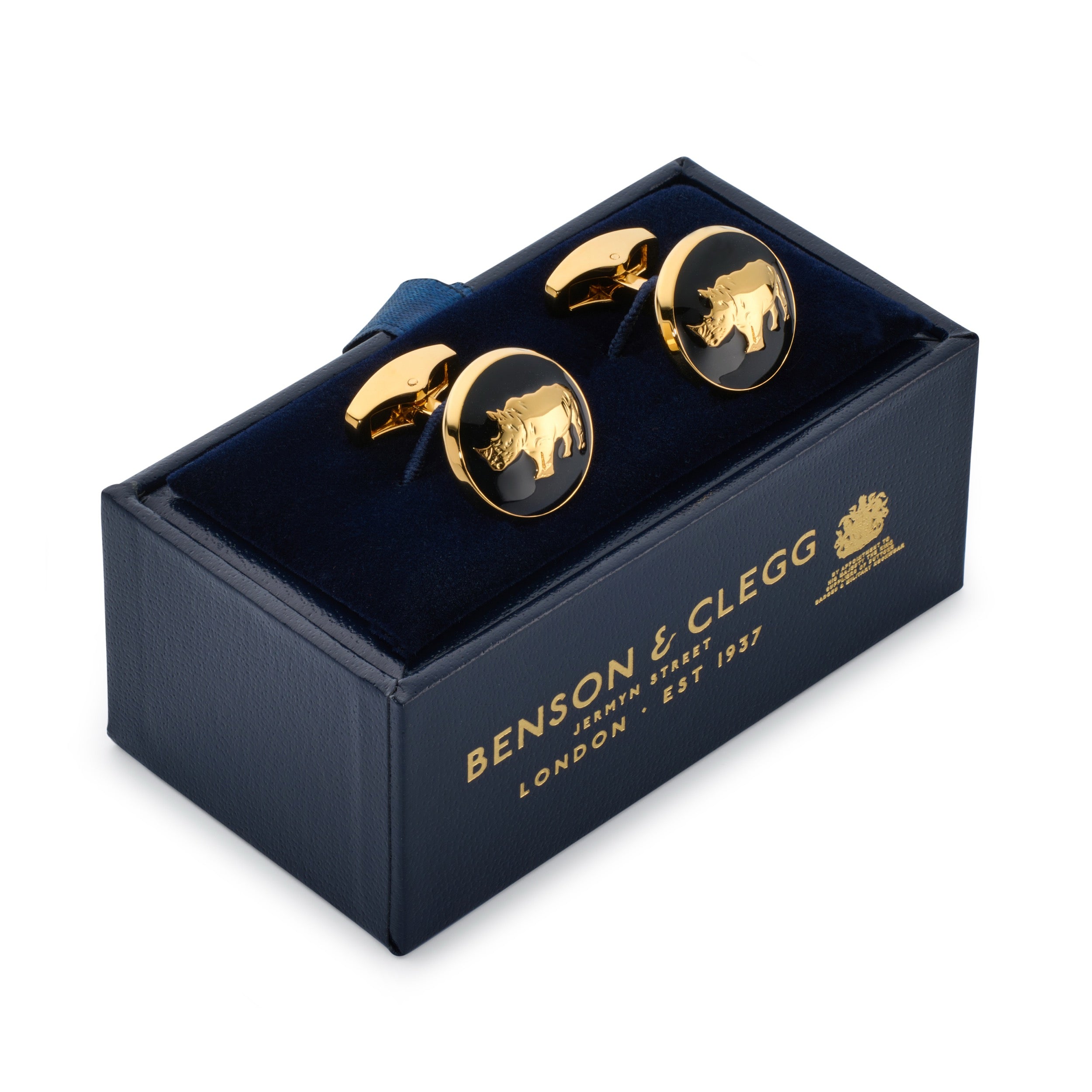 Rhino cufflinks in black enamel presented in Benson & Clegg luxury navy and gold presentation box