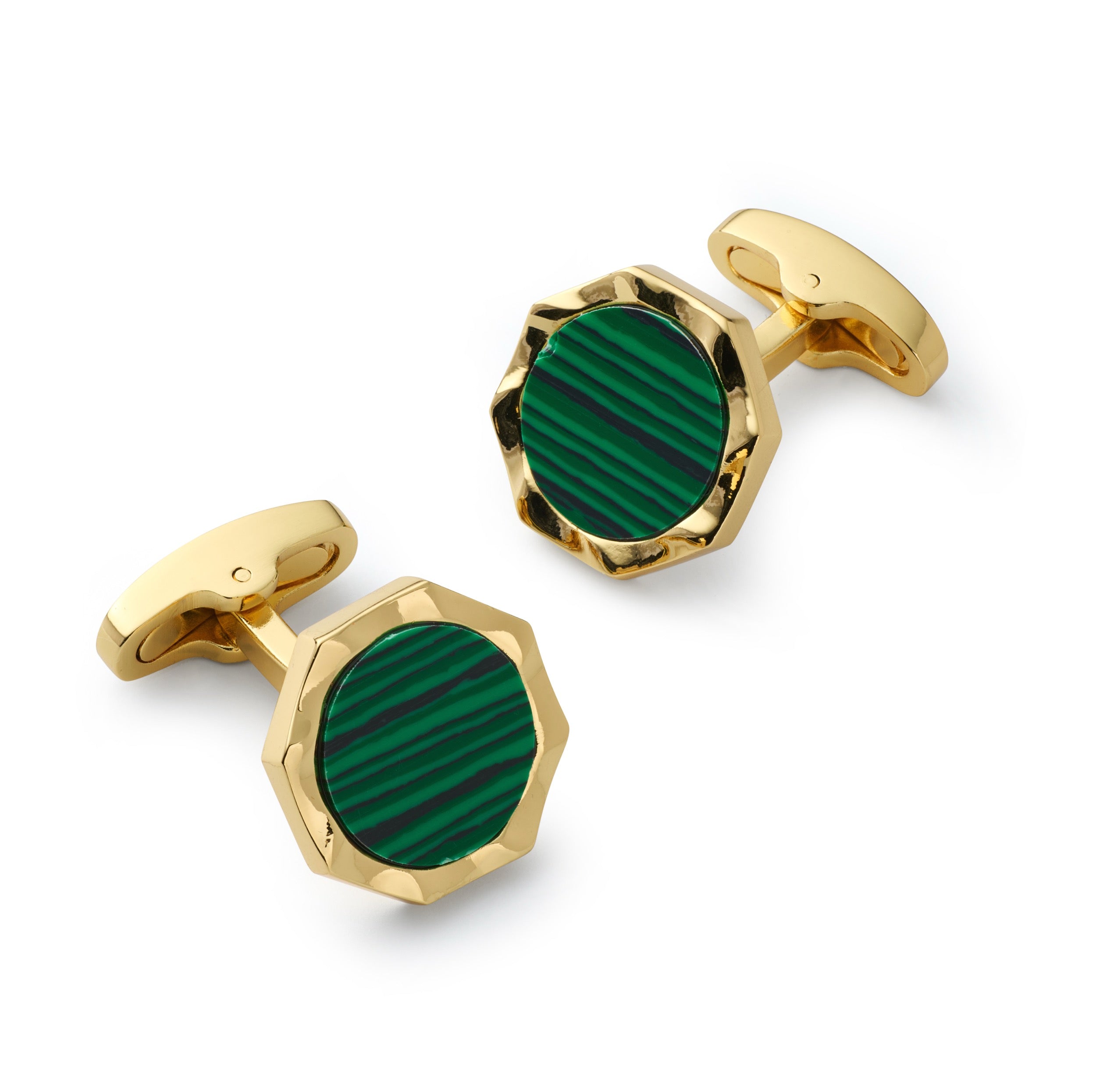 Benson & Clegg Signet Cufflinks in Malachite with polished gold-tone octagonal setting.