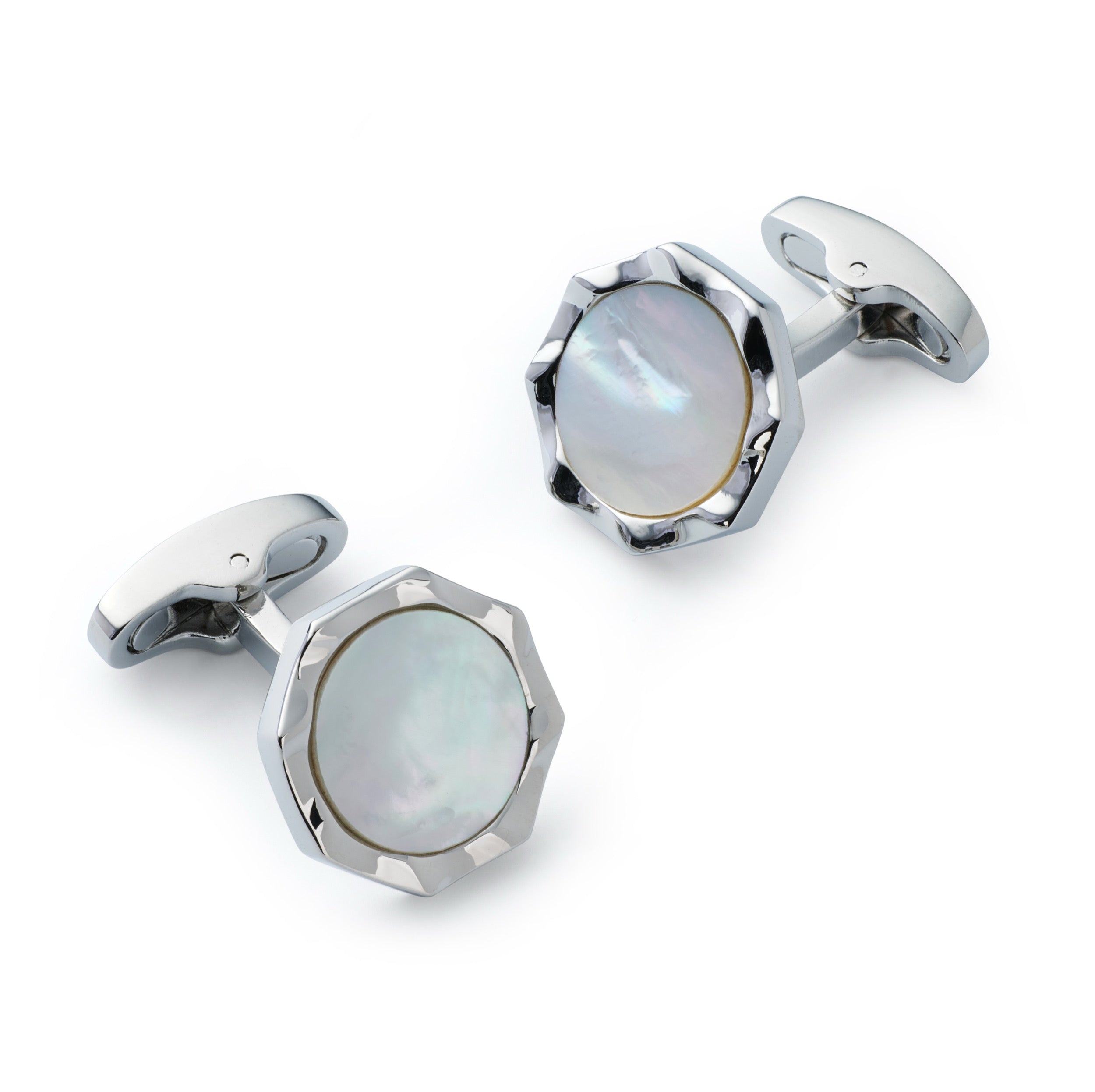 Benson & Clegg Signet Cufflinks in Mother of Pearl with polished silver-tone octagonal setting.