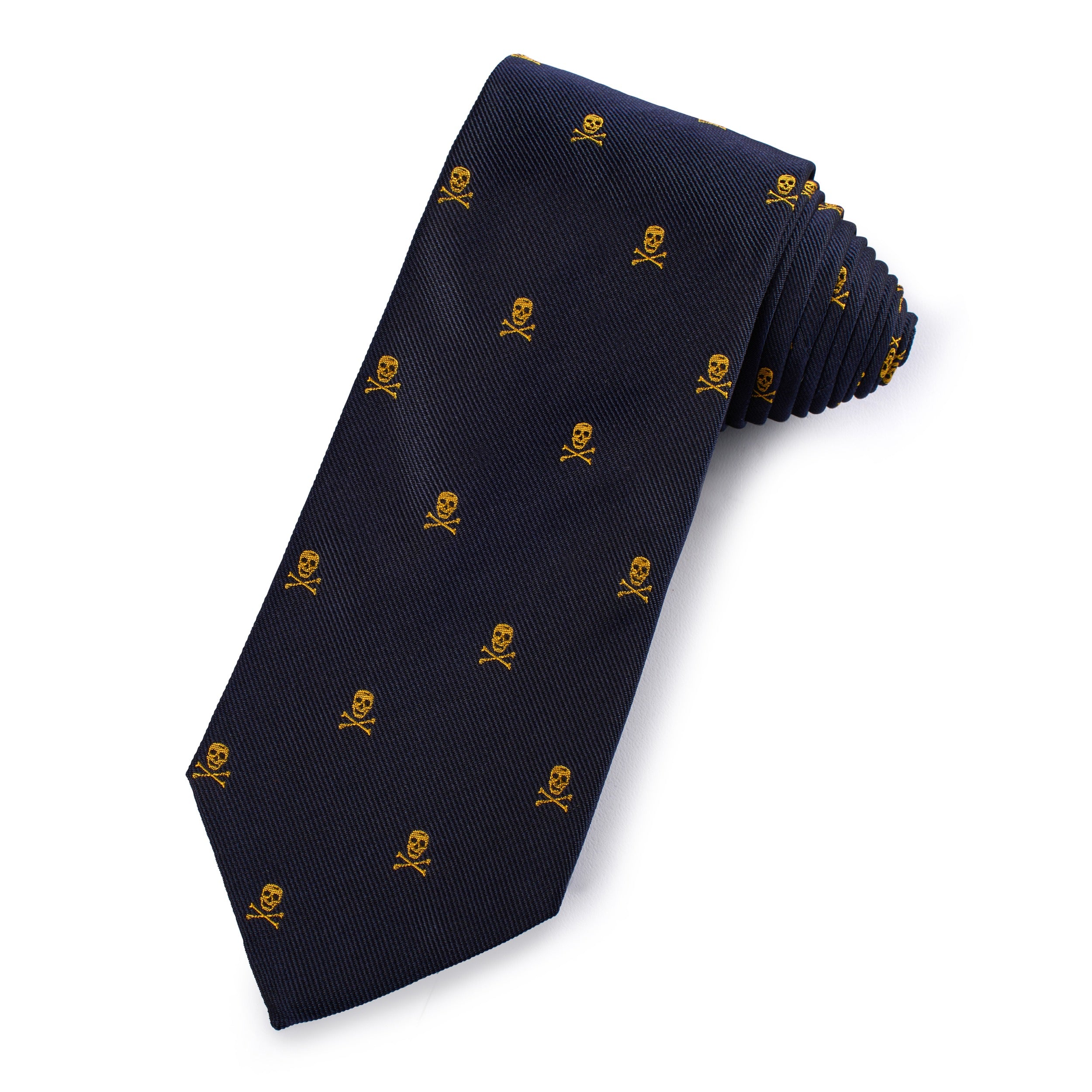 Skull & Crossbones Silk Tie In Gold & Navy